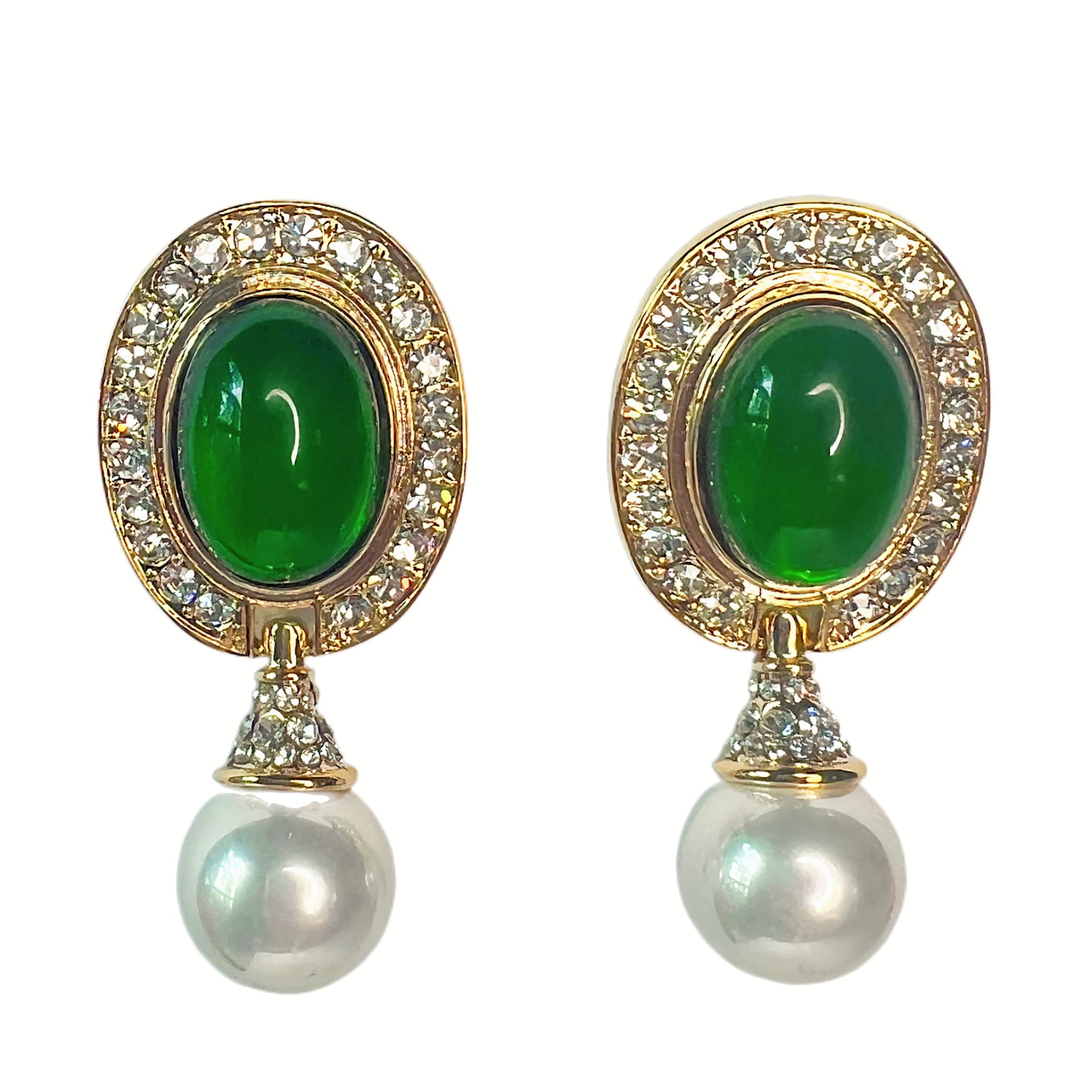 junebazasyaGreen Oval Jade Drop Earrings Shining Big White Pearl Zircon Diamond Semi Precious Gemstone Jewelry For Women and Girls 925 Sterling Silver With Gift Box, 55 mm Long x 21mm Wide, Copper