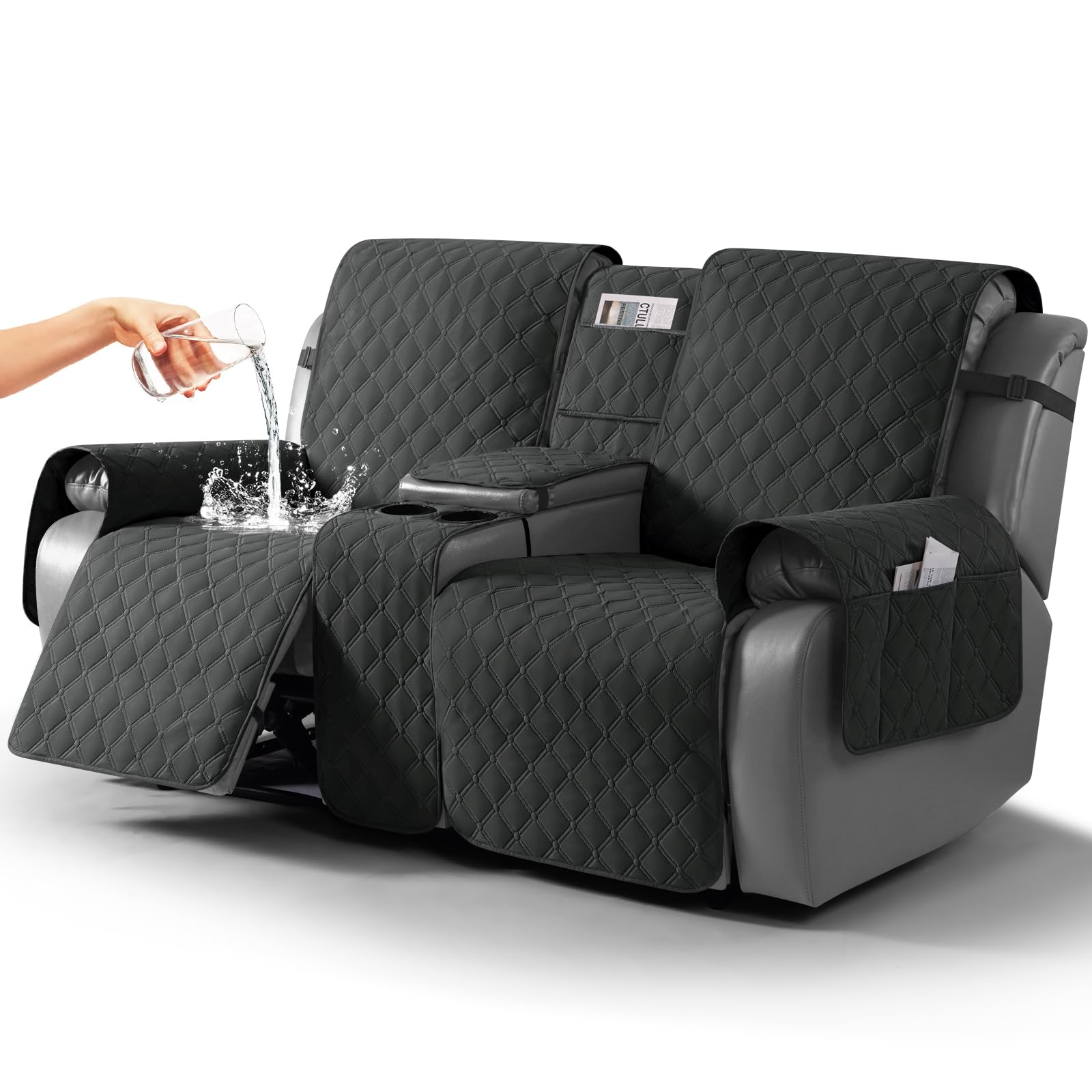 TAOCOCO 100% Waterproof Loveseat Recliner Cover with Center Console, Reversible Reclining Couch Cover for 2 Seats with Leg Straps, Washable Split Sofa Cover Protector for Pets Kids (Charcoal Gray)-image-27