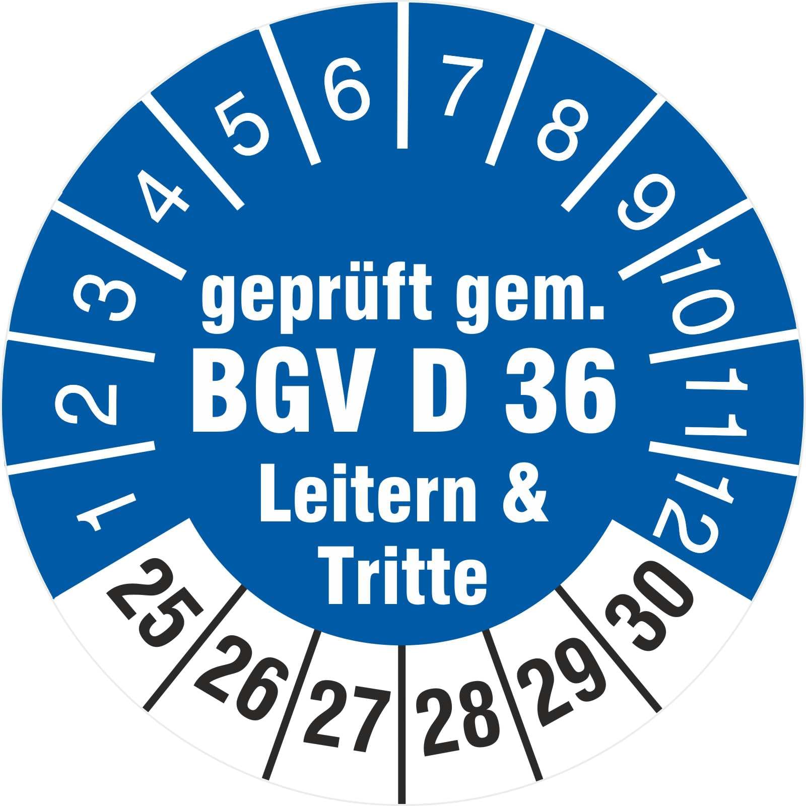500 Prüfplaketten 30 mm geprüft gem. BGV D 36 Leitern & Tritte 2025-2030 Prüfetiketten