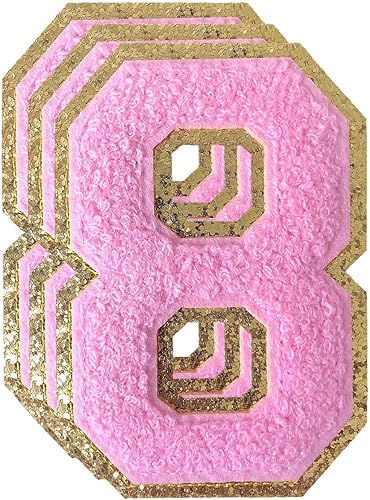 TXSN 3 parches de felpilla rosa con números, parches para planchar con números de 4-12 pulgadas, parches universitarios con purpurina para ropa, 8