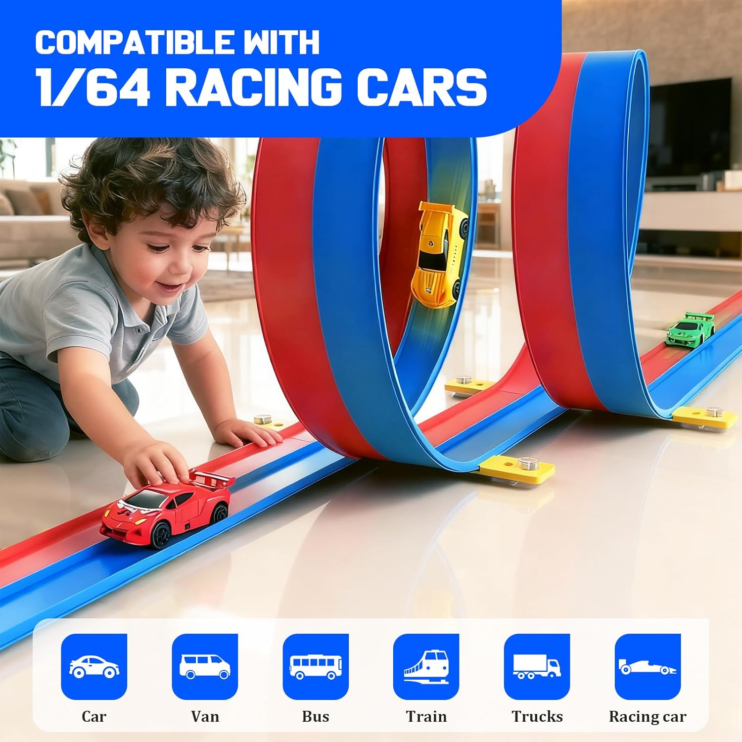 20ft Flexible Race Track for Kids with 4 Pull-Back Cars & Portable Storage Bag,4pcs Strong Suction Cups,5pcs Track Stabilizers,for 1/64 Cars,Roll Up Slot Car Race Track with Loops