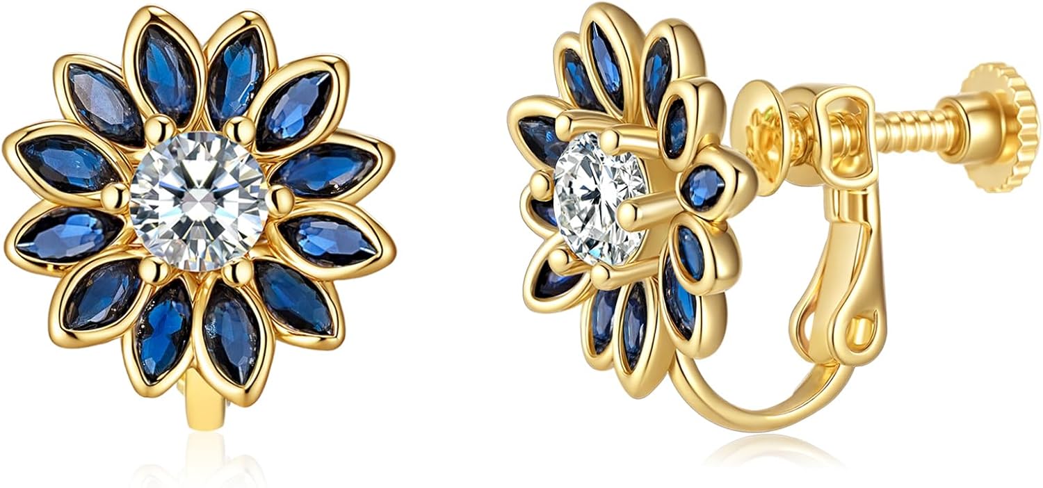 EVEVIC Austrian Crystal Flower Clip on Earrings for Women Trendy,14K Gold Plated Hypoallergenic Non Pierced Sunflower Earrings Jewelry Gift