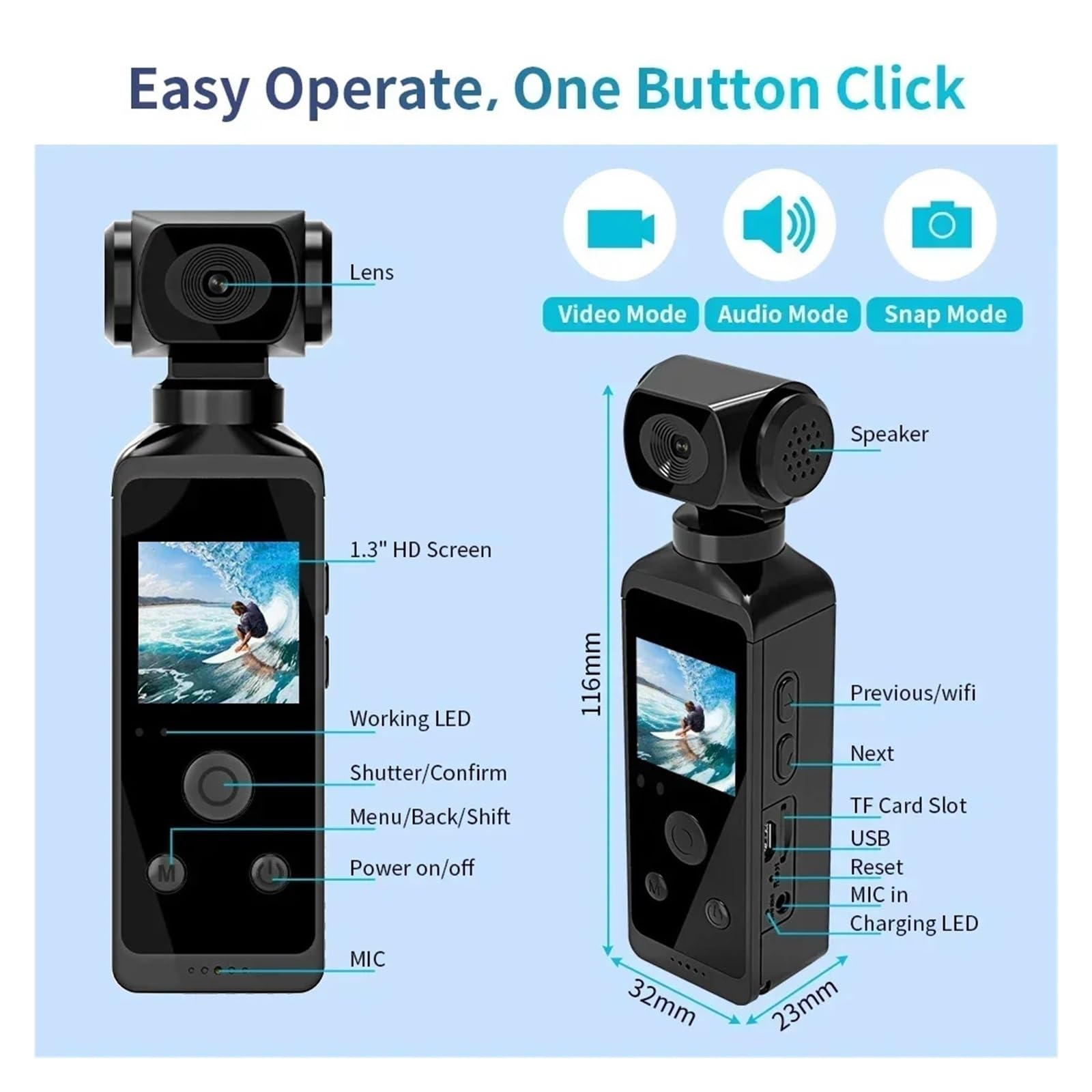 Videocamera tascabile 4K Ultra HD Girevole a 270° Vlog Wifi Mini Cam sportiva Custodia impermeabile Casco da viaggio Registratore for conducente di bicicletta