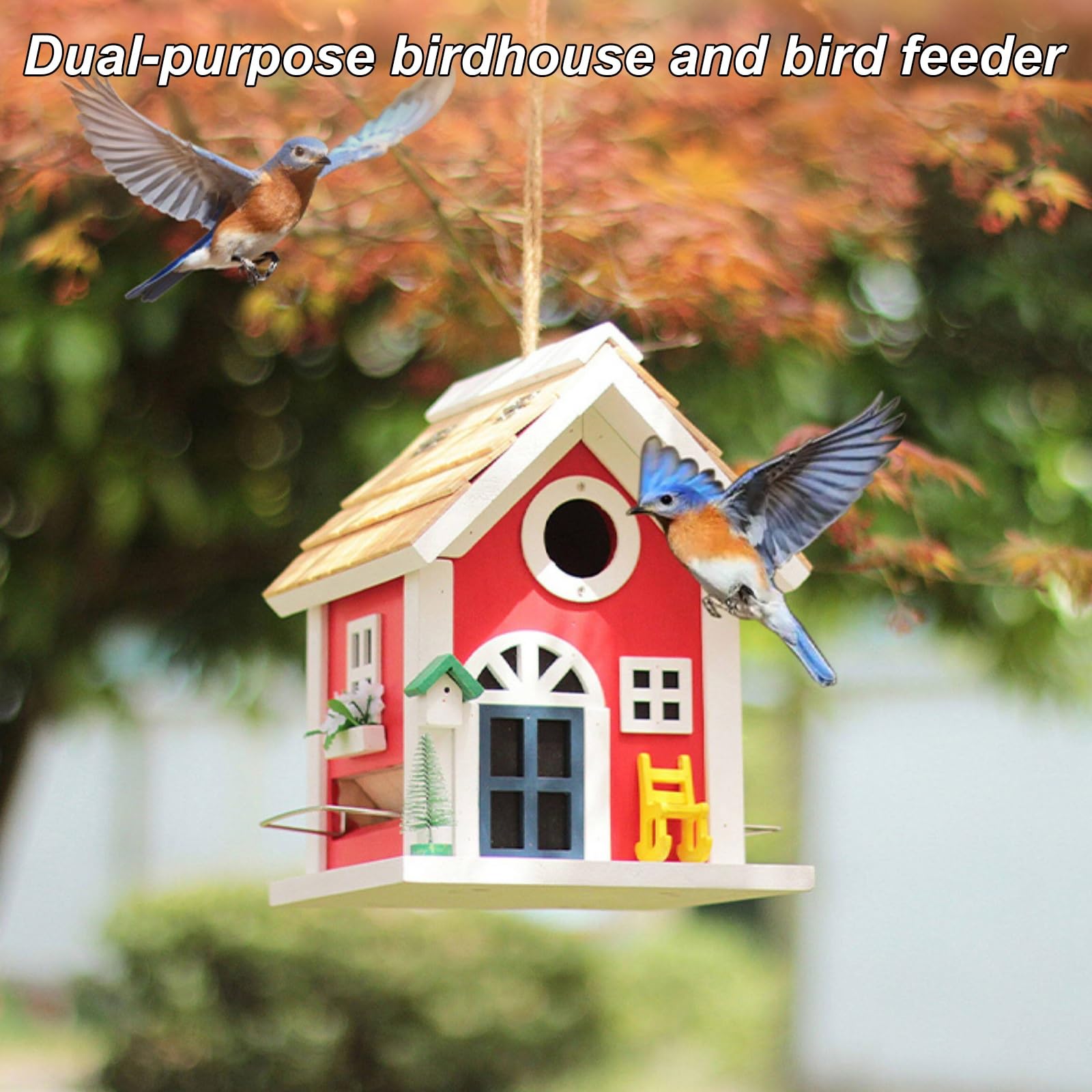 Comedero para Pájaros Colgante, Comedero Pajaros Exterior, Estilo Cabaña Rústica, Tapa Superior Abatible para Rellenar, para Jardín o Balcón