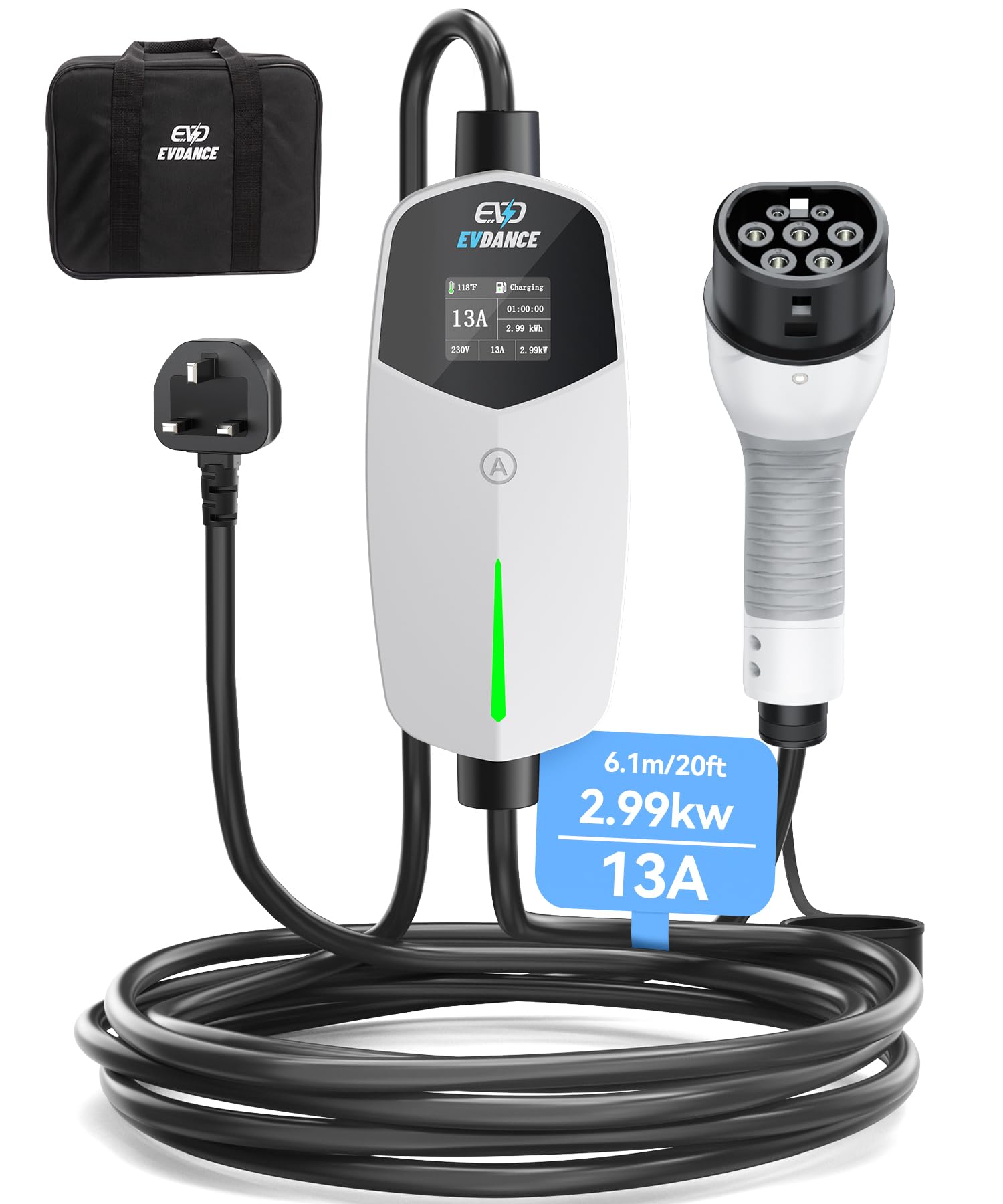 EV Charger Type 2 UK 3 Pin 20ft/6.1m [6/8/10/13A] Portable Electric Car Charger for EV & PHEV, Adjustable Current EV Charger, IP66 Type 2 Charging Cable for Home & Travel, White