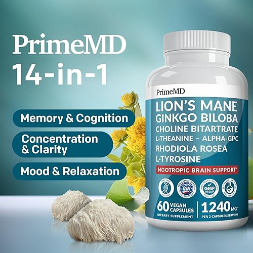 Miniatura 10 de Cápsulas de suplemento de melena de león 14 en 1, suplemento cerebral nootrópico con ginkgo biloba para apoyo cerebral, memoria y concentración