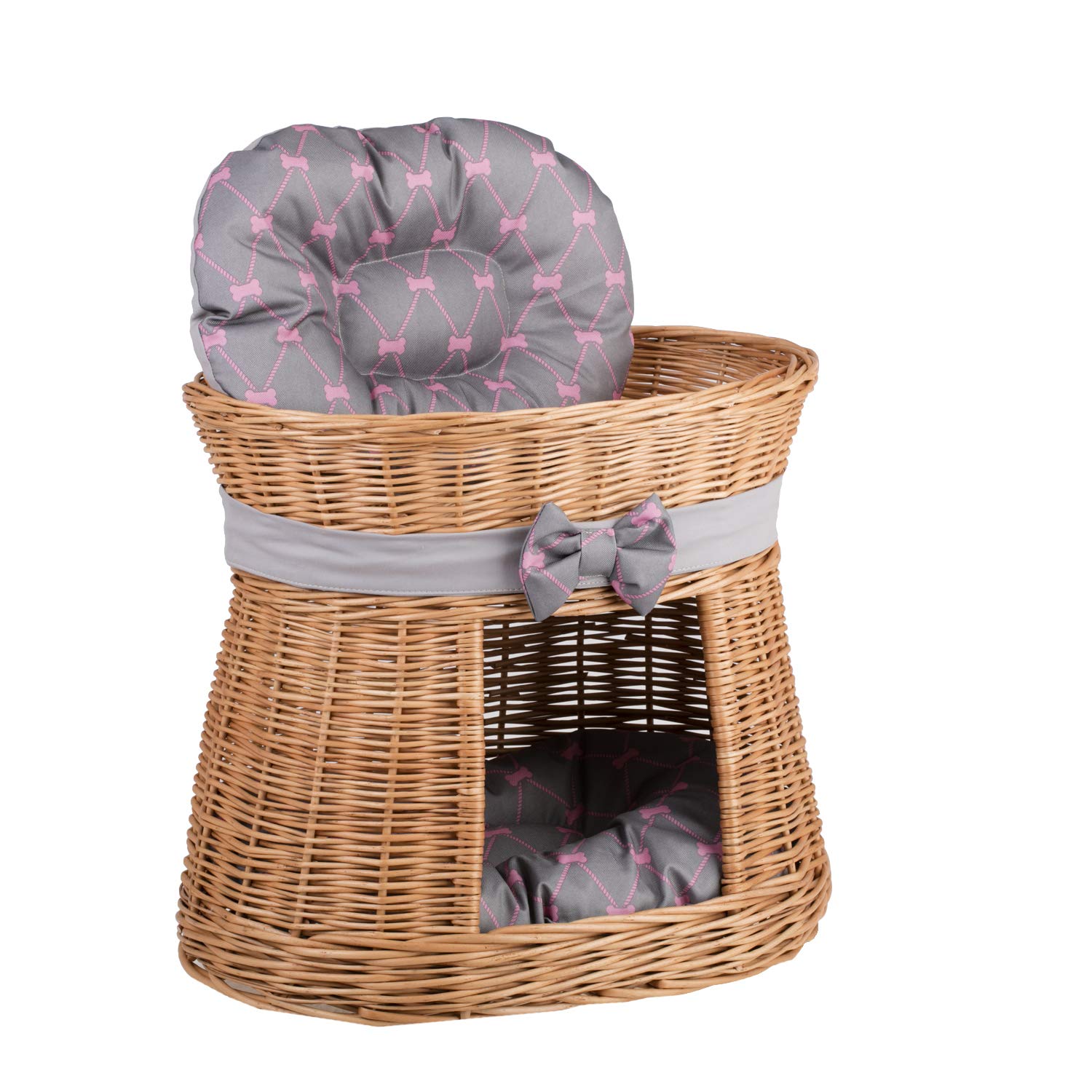 E-wicker24 Wicker Indoor Igloo Cat Bed With House on Top - Cosy Pet Cave Sofa Box Basket With Soft Cushion (Bone Grey)