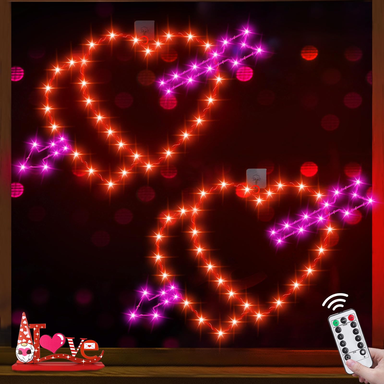Photo 1 of [Large Size & Remote Control] 2 Pack Valentines Day Decorations 12 Inch Windows Lights 88 LED Red & Pink Cupid's Arrow Hearts Lights 8 Modes Timer USB Powered Valentines Decor for Wedding Anniversary