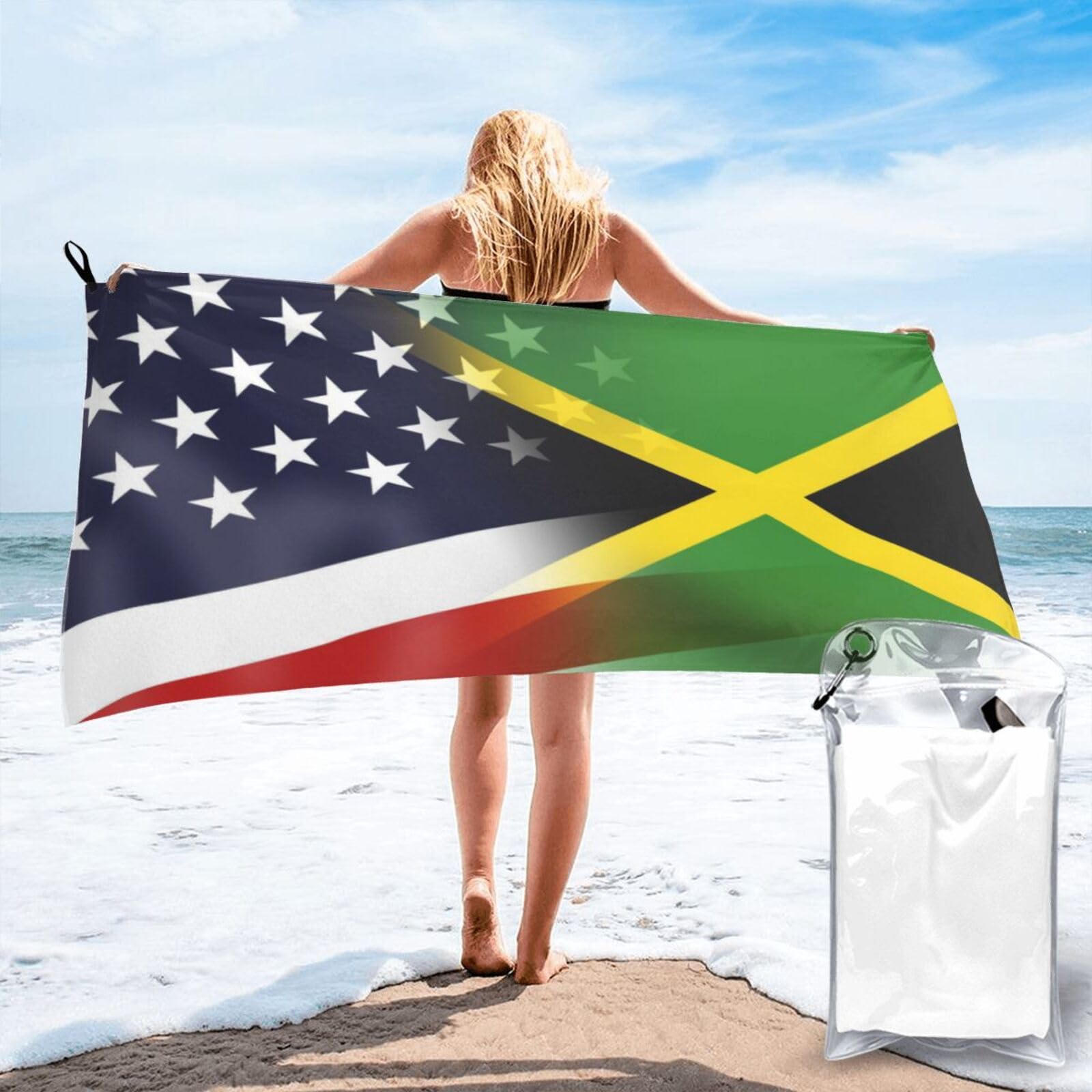 HACXZ Funny America Flag and Jamaica Jamaican Flag Absorbent Beach Towel Microfiber Beach Shower Towel 31.5"X63"