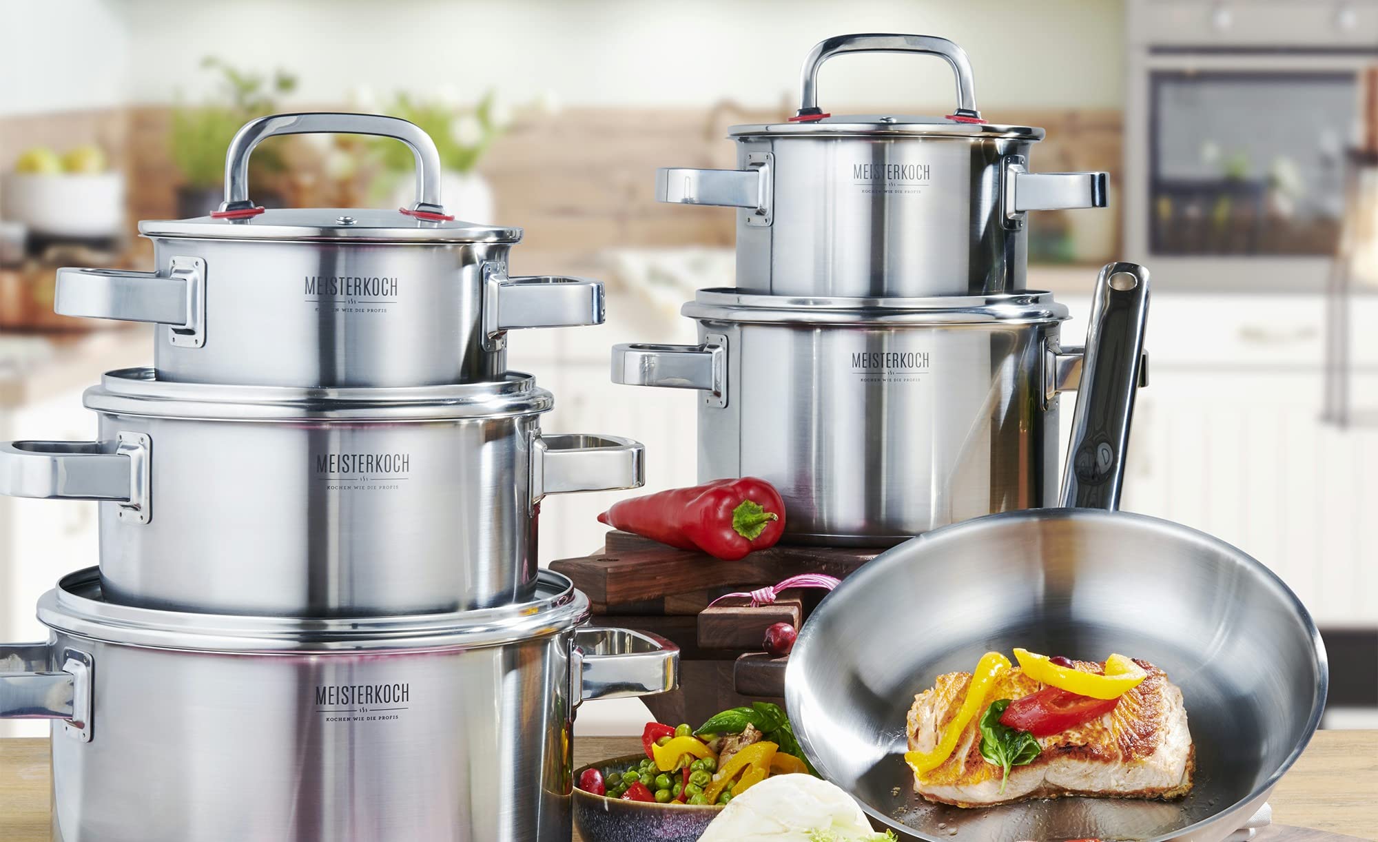 Meisterkoch Topf- & Pfannenset 6-teilig Induktion Edelstahl unbeschichtet | 5 Töpfe mit Glasdeckel und Bratpfanne | hitzeisolierende Griffe, spülmaschinengeeignet