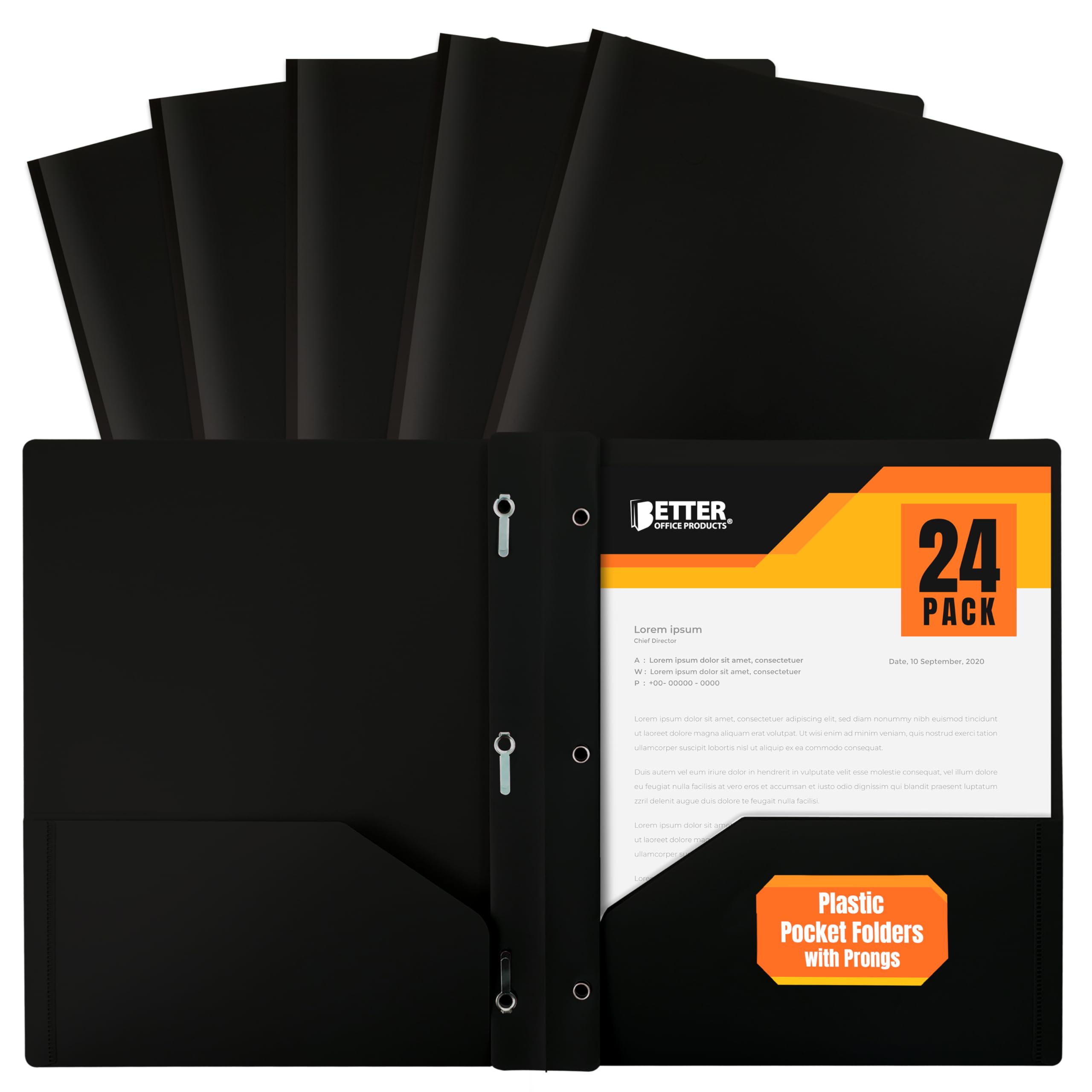Better Office Products Black Plastic 2 Pocket Folders with Prongs, Heavyweight, Letter Size Poly Folders, 24 Pack, with 3 Metal Prongs Fastener Clips, Black