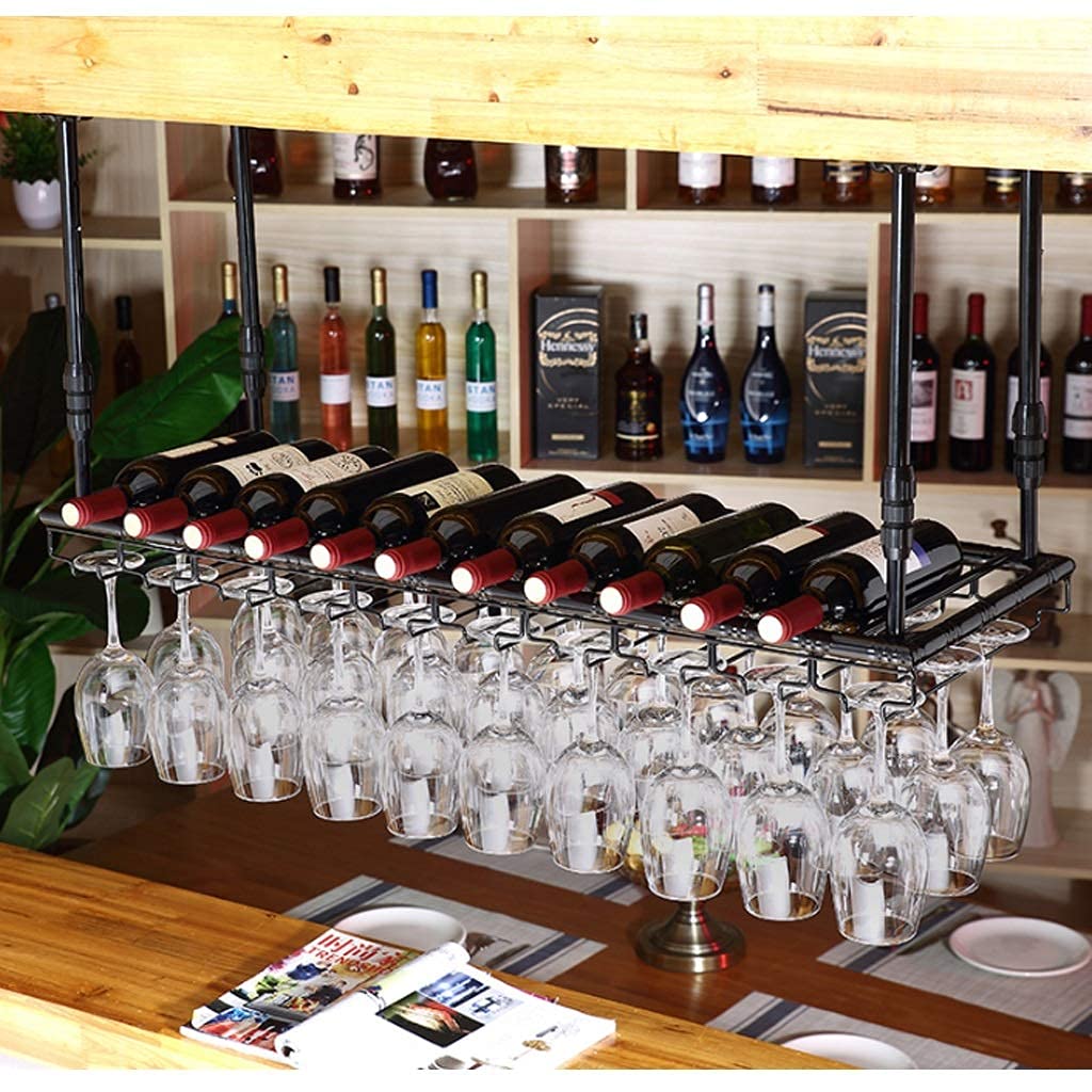 Estante de vino flotante con soporte de techo ajustable para copas de bar y cocina