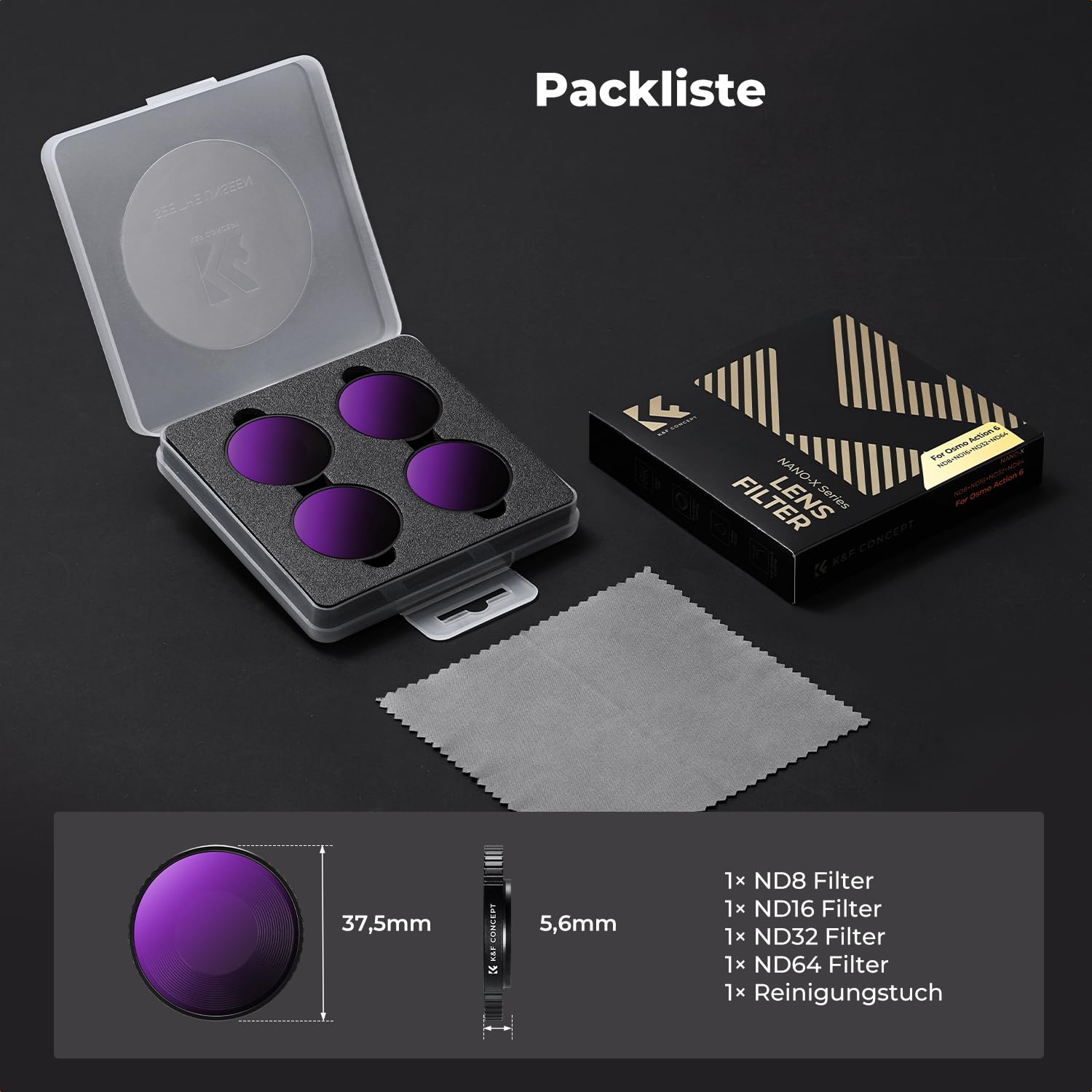 K&F CONCEPT ND Filter-Set Kompatibel mit DJI Osmo Action 6, Schraubenbefestigung Graufilter ND8 ND16 ND32 ND64 4er-Pack Lichtreduzierende Filter zur Belichtungssteuerung aus Optischem Glas