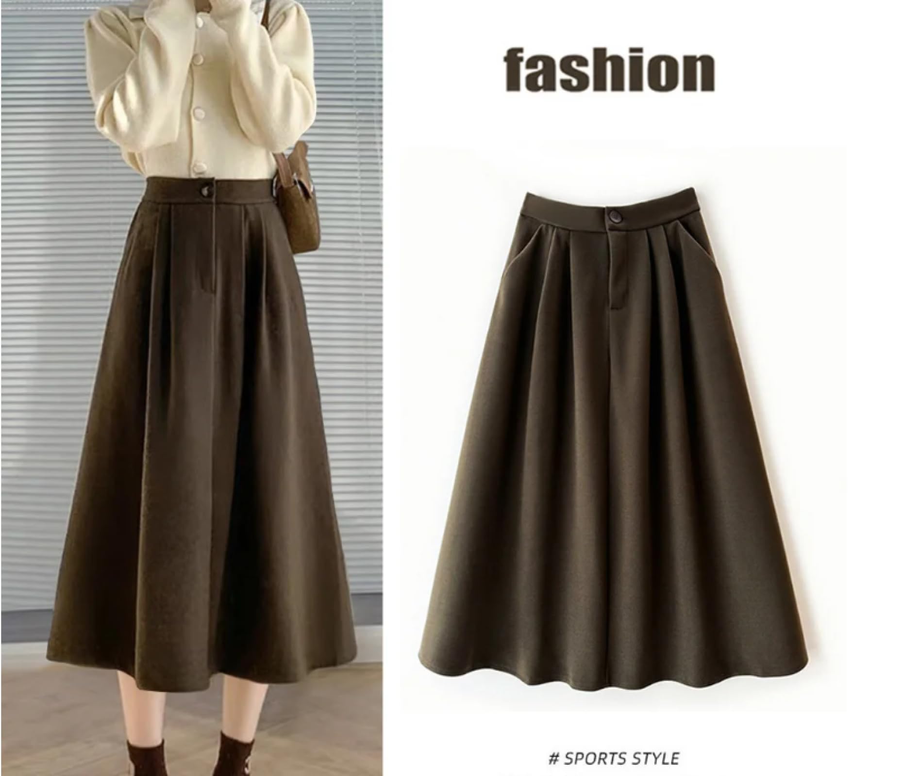 Faldas De Tubo Mujer Womens Vintage Midi Falda Larga con Bolsillos Moda Alta Cintura Un Botón Cremallera Engrosada Faldas