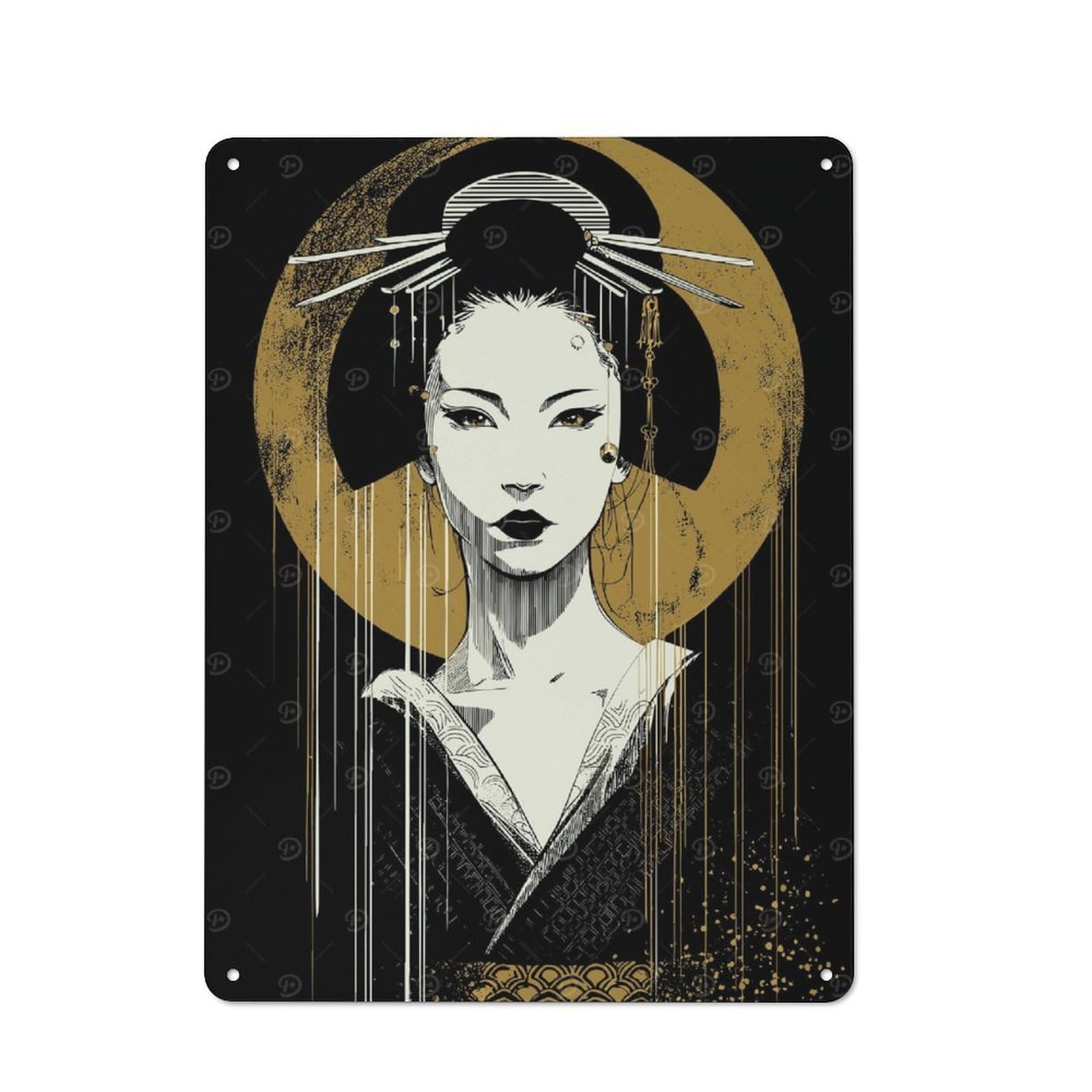 Junmoney Geisha Portrait With Golden Halo Vintage Metal Plaque 40X30cm For Guest Room Or Hallway, A Decorative Christmas Gift For Guest Room Decorators