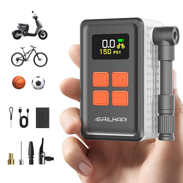 SAILHAPI Mini Bike Tire Pump (150PSI Fast Inflation with Guage) (Presta and Schrader Valve) Portable Electric Air Pump for Road and Mountain Bicycle, E-Bike, Motorcycle, Sports Ball