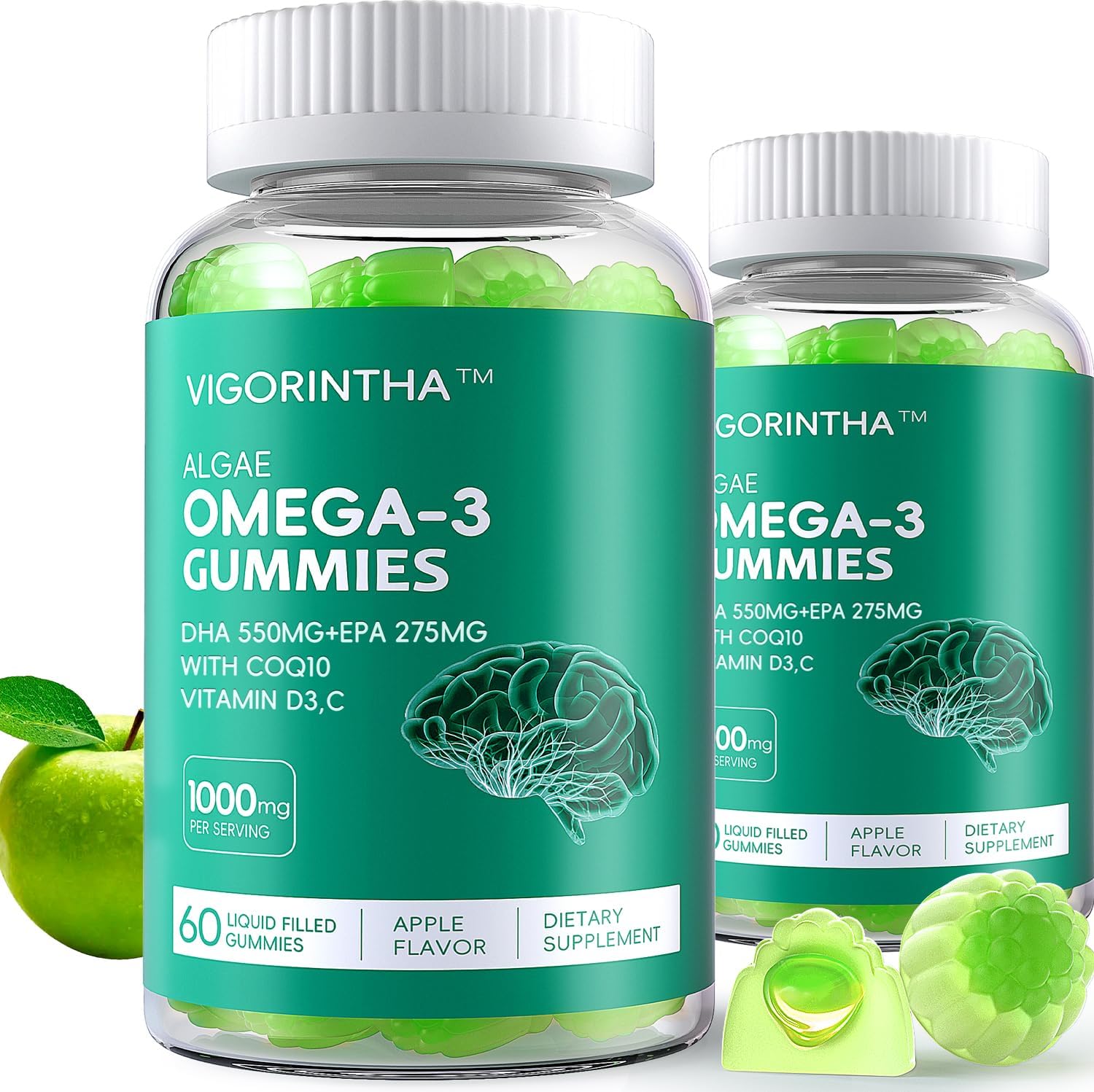 2 Pack Vegan Omega 3 Gummies 1000mg with Coq 10, Vitamin D3,E,C,Omega 3 Fish Oil Alternative for Adults, Plant Based DHA 550mg & EPA 275mg for Brain, Mobility, Eye, Sugar Free, 120 Count