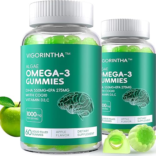 Paquete de 2 gomitas veganas Omega 3 de 1000 mg con Coq 10, vitamina D3, E, C, Omega 3 alternativa al aceite de pescado para adultos, DHA a base de