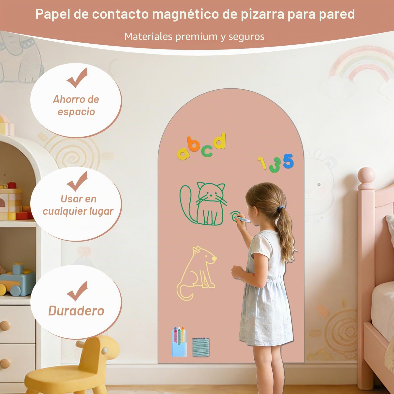 Pizarra Magnética Adhesiva de Pared 80 x 40 cm – Pizarra Negra Borrable en Seco con Tizas, Imanes y Paño (Rosado)