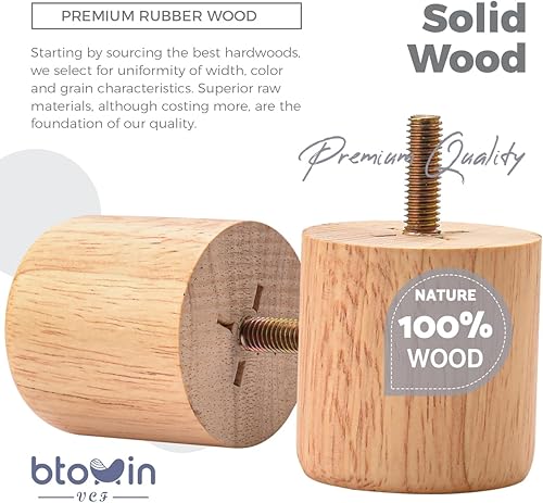 Miniatura 9 de Btowin - Patas de madera maciza de 4 pulgadas, 4 piezas modernas redondas de madera con pernos roscados de 516 pulgadas, placa de montaje y