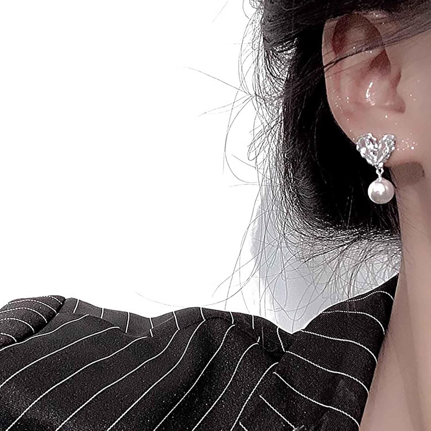 Boho Heart Pearl Drop Earrings Silver Crystal Heart Earrings Cz Heart Stud Earrings Rhinestone Heart Stud Earrings Bridal Pearl Drop Earrings Jewelry for Women - Image 5