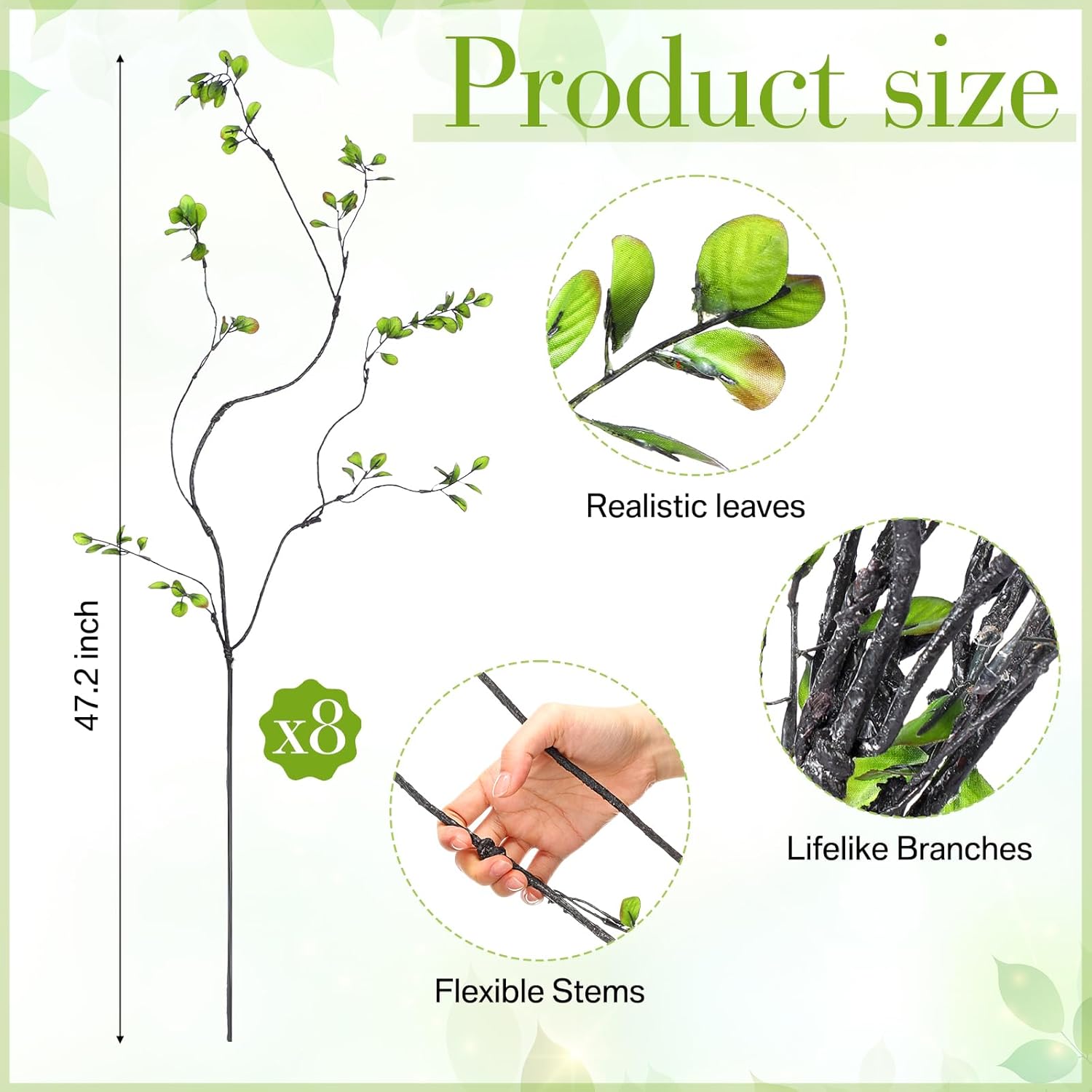 Giegxin 8 Pcs 47.2'' Artificial Ficus Branches Faux Eucalyptus Stems Fake Greenery Twig Tall Realistic Leaf Spray Green Plant for Vase Filler Desk Decoration Fake Leaves Wedding Centerpieces Decor