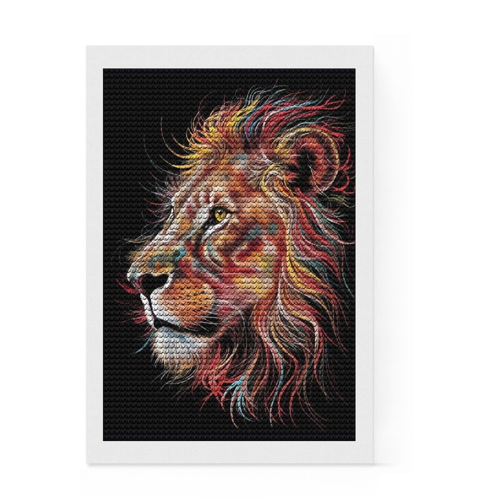Junmoney Colorful Lion Portrait DIY Diamond Art Canvas Kit 8"x12", Boho Decor, for Teens, with Tool Kit, Christmas Gift, Mindful Craft Activity