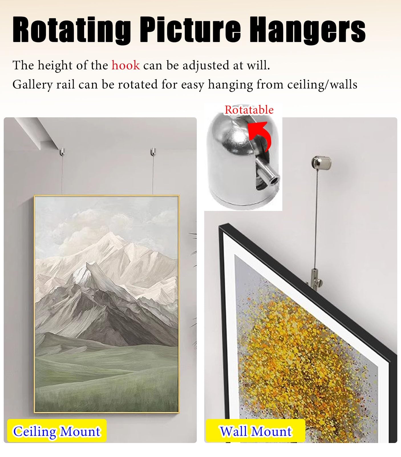 10-teiliges Bilderschienen-Aufhängesystem – Galerie-Schiene für Wand/Decke | Unsichtbares Kabel & silberne Halterungen | 2,5 m (98,4 Zoll) transparenter Draht für die Präsentation von Kunstw