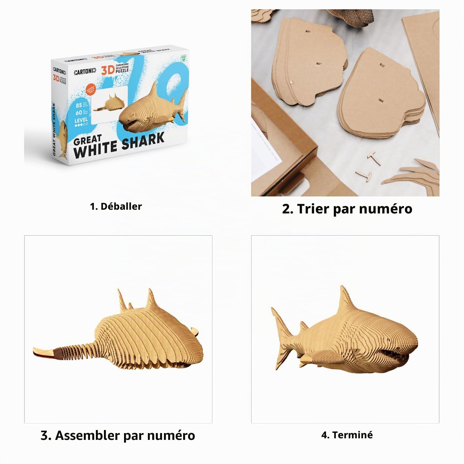 Requin Puzzle 3D en Carton – Maquette à Monter | 85 Pièces, 28 × 18 × 10 cm – Kit Sculpture DIY à Peindre, Matériaux Recyclés, Ados & Adultes, Idée Cadeau Déco