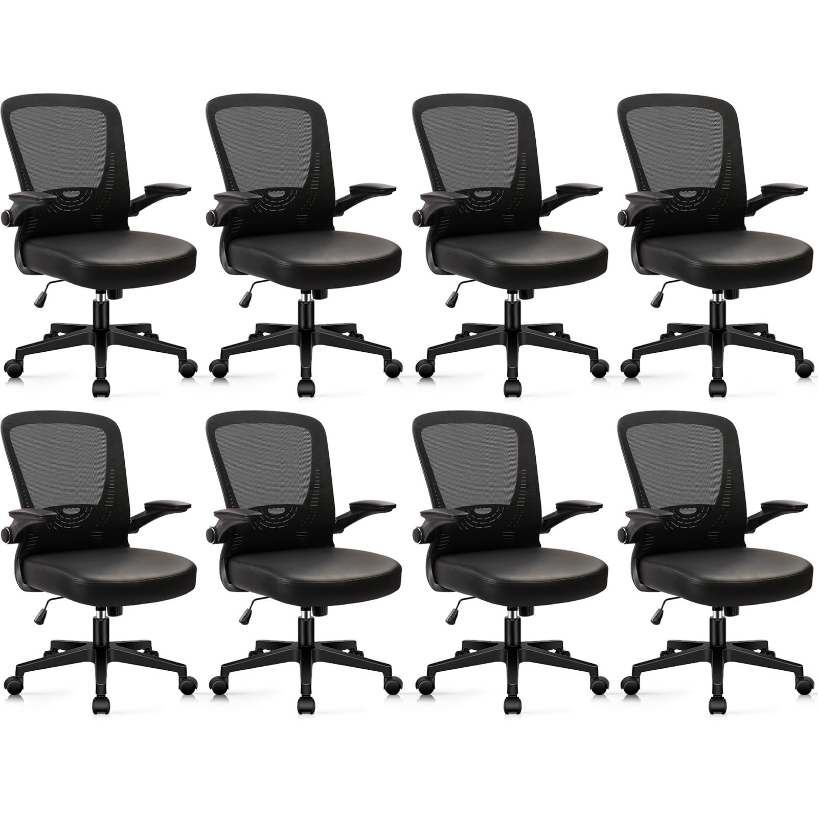 CLATINA Desk Chairs with PU Leather Seat, Flip Up Arms Ergonomic Mesh Back Office Chair with Lumbar Support, Adjustable Height Swivel Rolling Computer