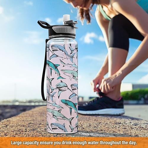 Miniatura 6 de Pink Sharks - Botellas de agua deportivas con pajilla, sin BPA, botella de agua grande transparente para correr, para mujeres, hombres, niñas,