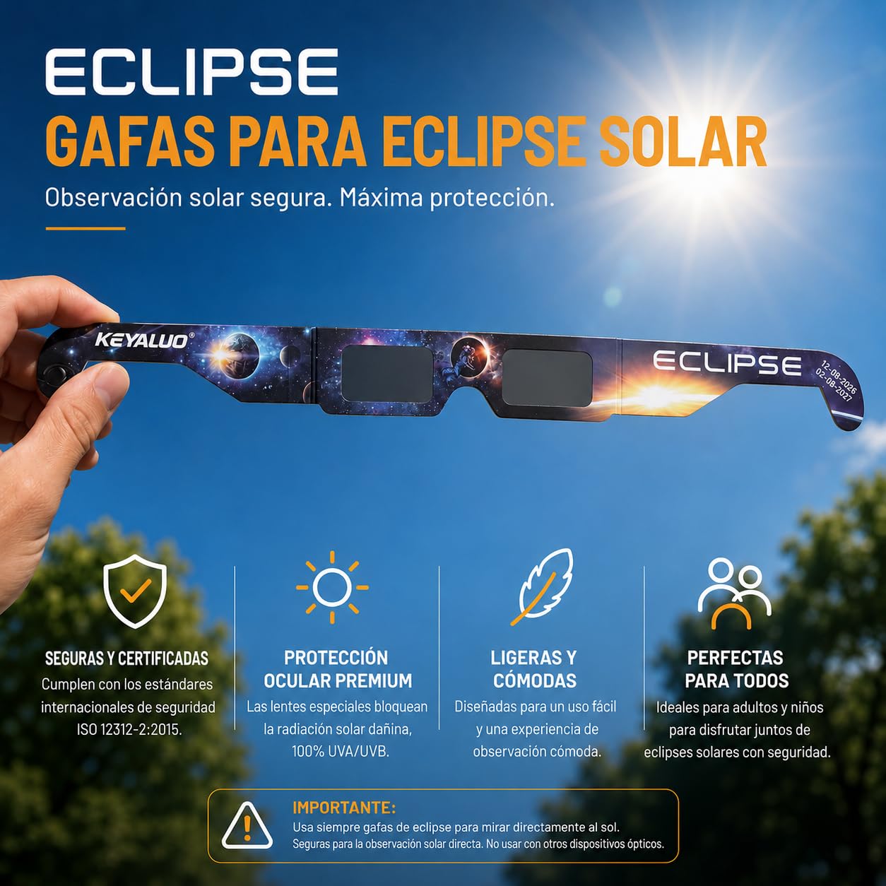 6/12/100 Gafas Eclipse Solar Homologadas,Certificado EN ISO 12312-2:2015(E) y CE,Aprobación AAS 2026,Gafas eclipse solar para visión directa del sol
