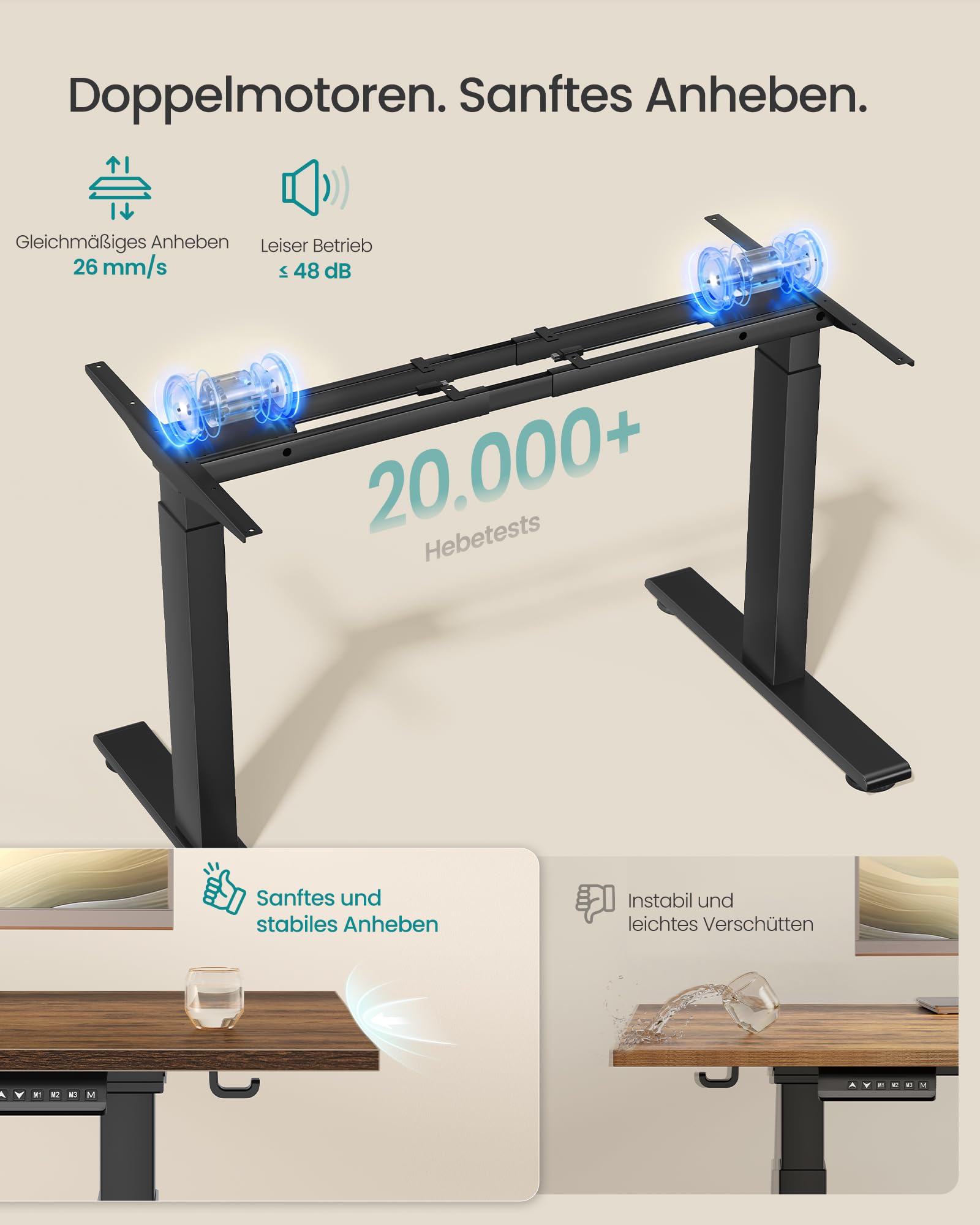 SONGMICS Höhenverstellbarer Schreibtisch Gestell, Elektrische Schreibtischgestell mit 2 Motoren, 4 Memory-Tasten, Stahl, (100-170) x 70 x (72-120) cm, Schwarz, Belastbar bis 120 kg, LSD019B01V3