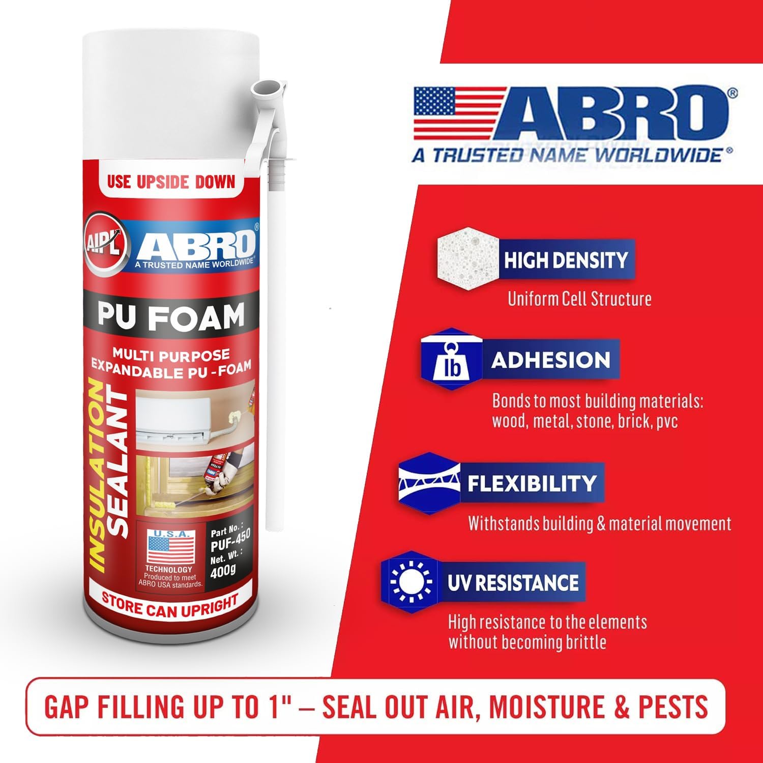 ABRO PUF-450 DIY PU Foam Sealant Spray White for Repair Bigger Large Holes Gap Crack Wall Filing Multipurpose Expandable Waterproof no Shrinkage Doors PVC Pipe & AC ducts (Pack of 12) - Image 4 thumbnail