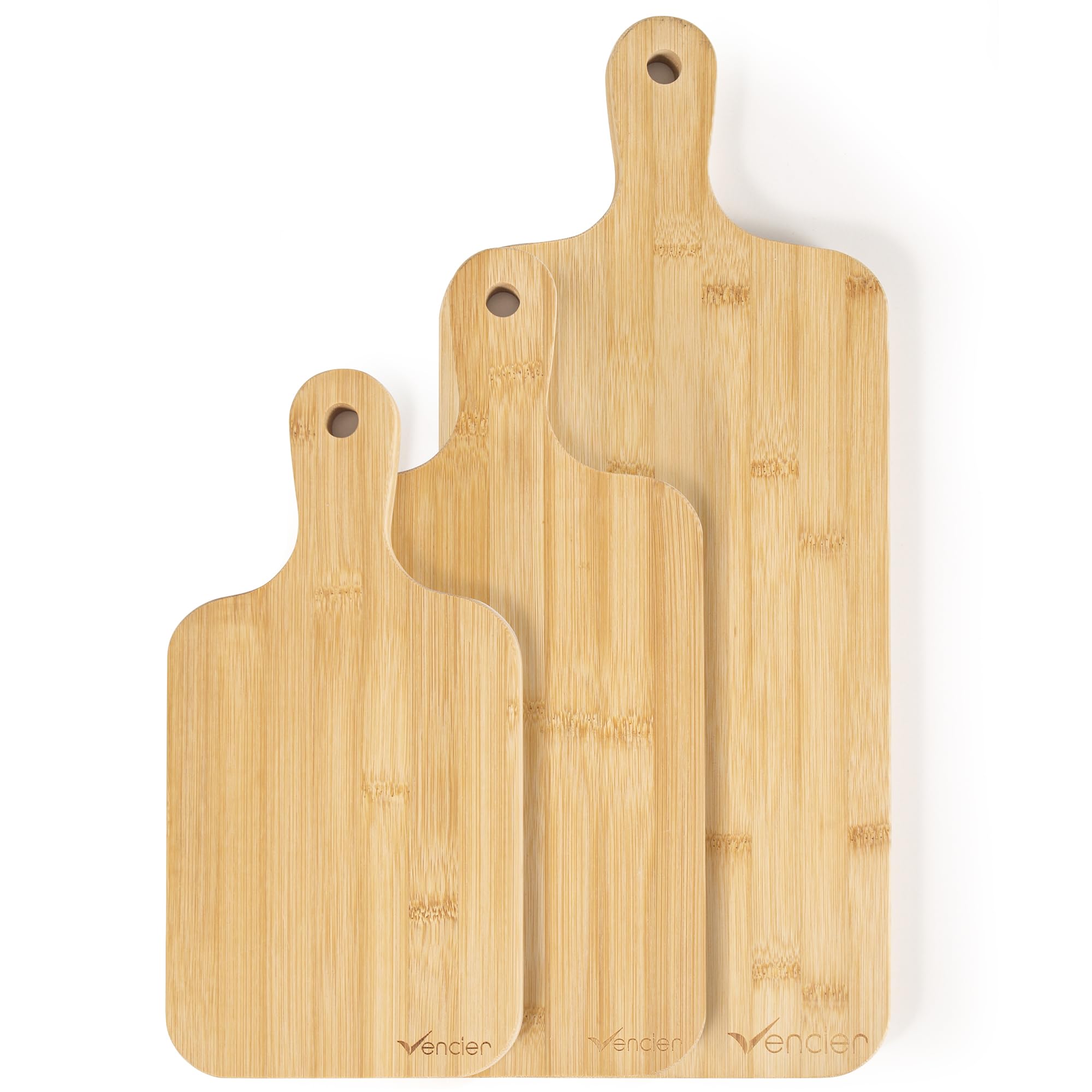 Vencier 3-Piece Bamboo Chopping Board Set - Premium Wooden Cutting Boards for Kitchen (30cm, 35cm, 45cm) - Paddle Handles with Hanging Hooks - Ideal for Carving Meat, Veggies, Cheese & Bread