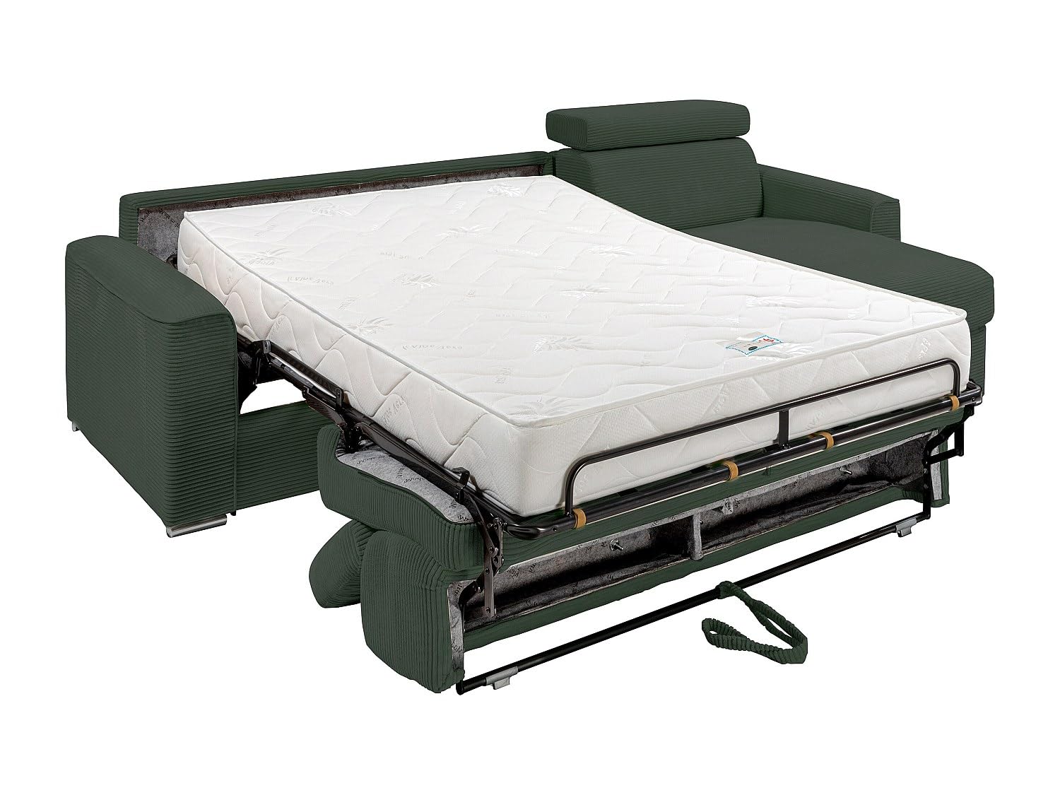 Vente-unique - Ecksofa, wendbar, ausklappbar, Express, aus grünem Cordsamt, Liegefläche mit breiten Latten 160 cm – Matratze 22 cm Memory-Schaum