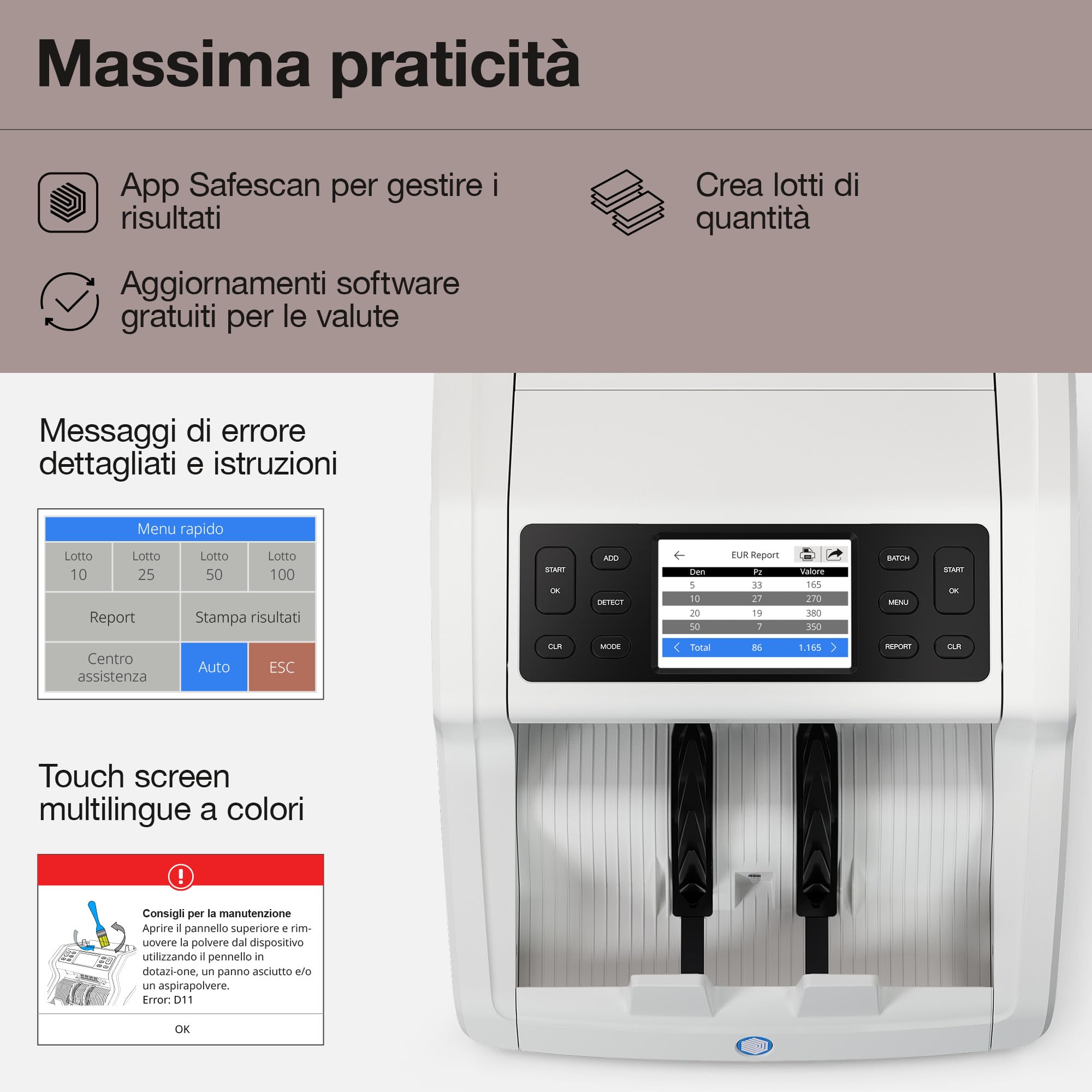 Safescan 2485-SC Contabanconote che conta il valore le banconote miste - Conta banconote con rilevatore di banconote falso a 8 punti - Macchina conta banconote con l'app gratuita Safescan | Contasoldi con l'app gratuita Safescan