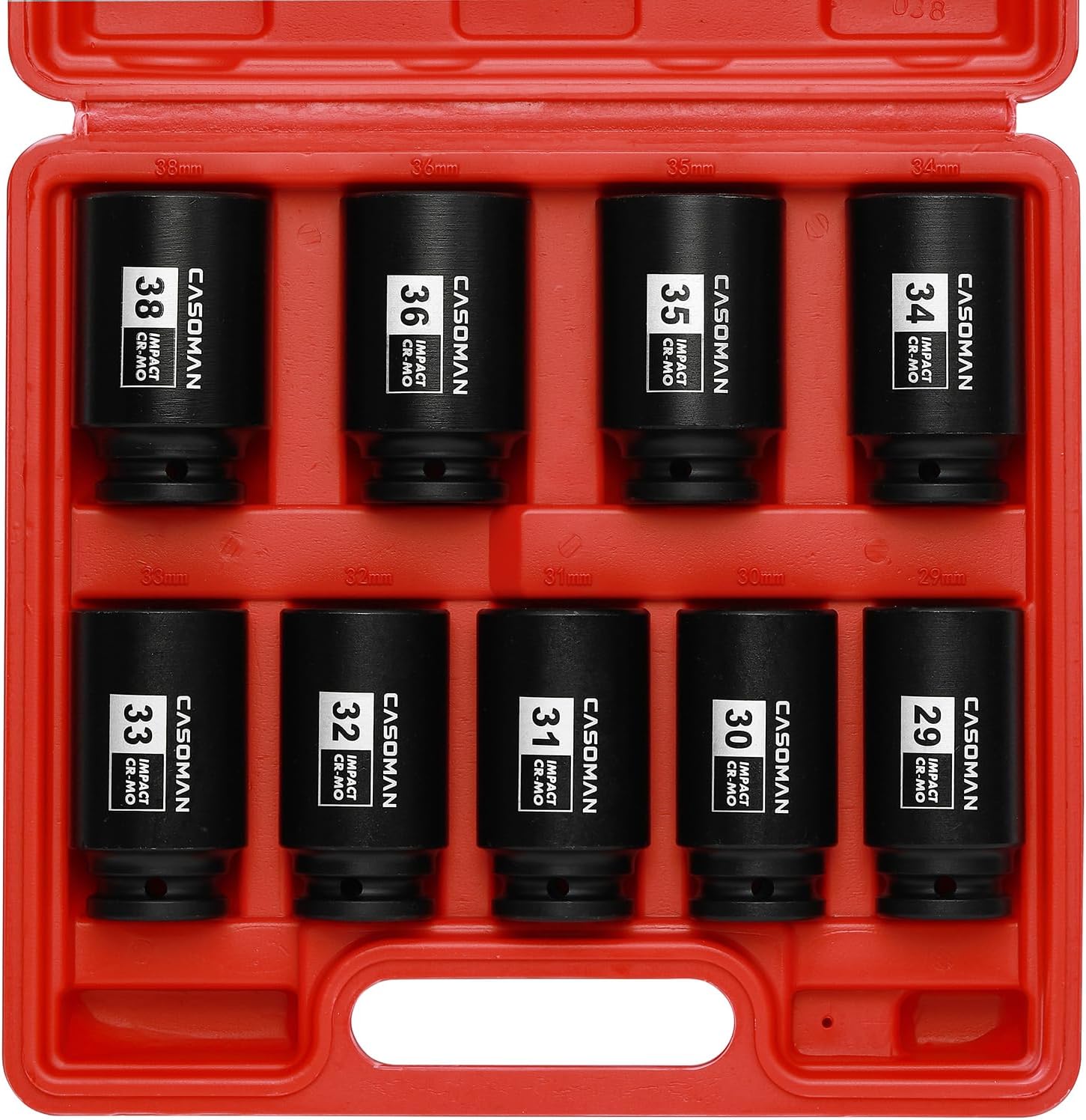 CASOMAN 1/2-Inch Drive Deep Spindle Axle Nut Impact Socket Set, 6-Point, CR-MO, Metric, 29mm-38mm, 9 Pieces 1/2" Dr. Deep Impact Socket Set