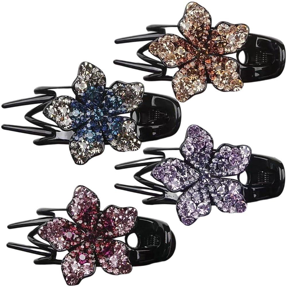 Sslvya 4 Pcs Sparkling Rhinestone Flower Decorative Hair Clips for Women Bling Crystal Hair Barrettes Duckbill Clips Hair Accessory