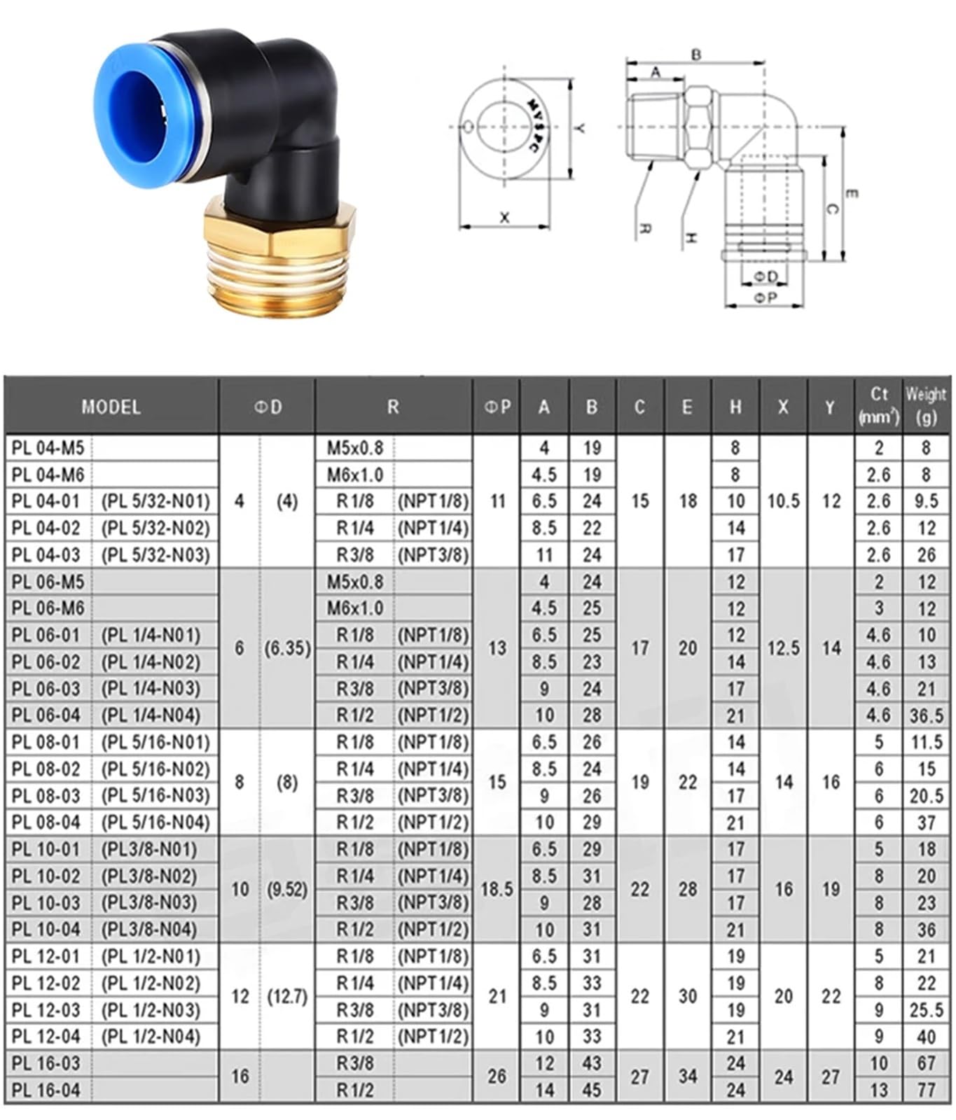 Connecteur rapide pneumatique PL Filetage M5 1/8" 1/4 3/8 PT1/2 Tuyau PU 4 mm 6 mm 8 mm 10 mm 12 mm 1 pièce (6-02 (6 mm-1l4))