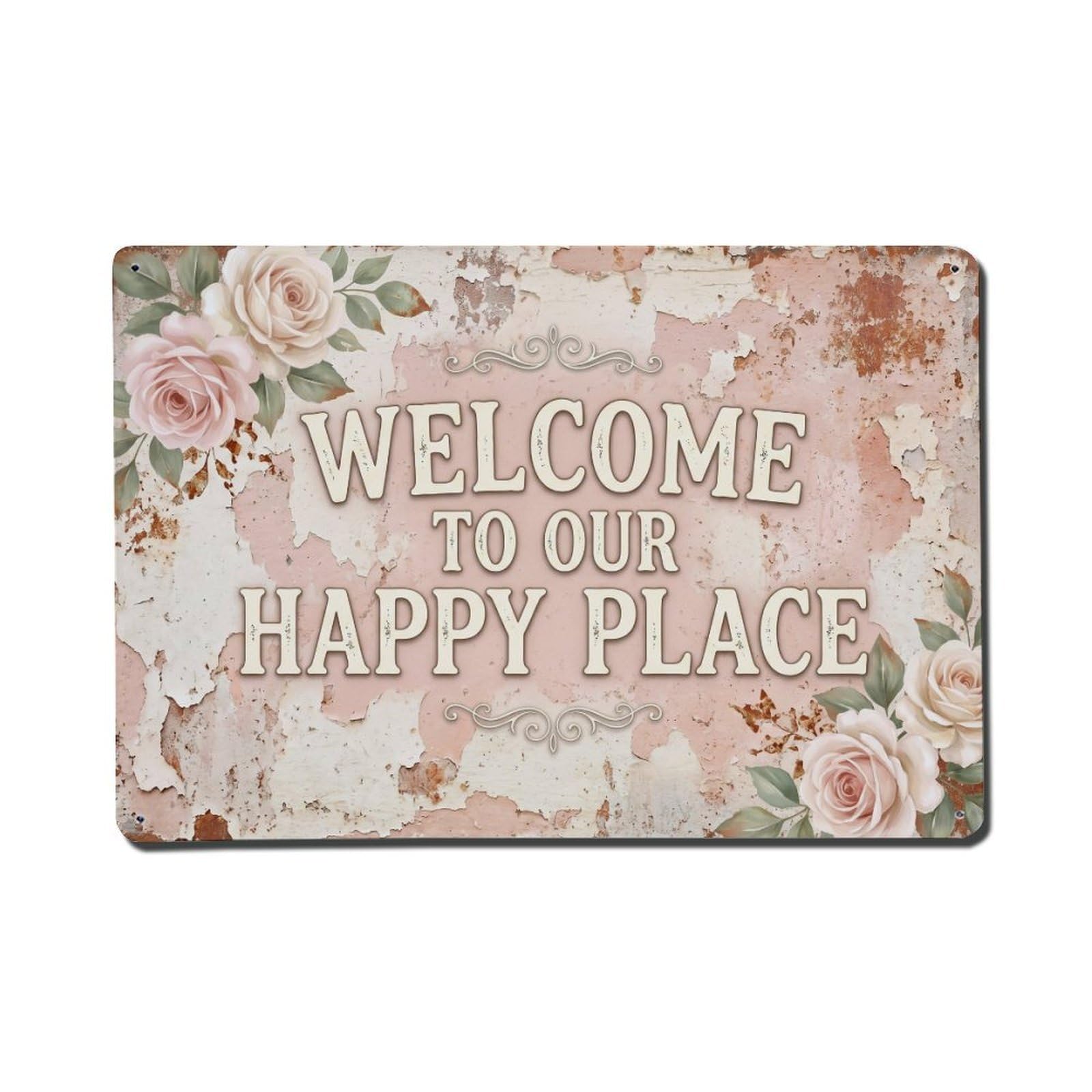 Welcome To Our Happy Place Vintage Living Vintage Metal Tin Sign Plaque Wall Decor for Cafe, Club, Garden Metal Poster 8x12Inch