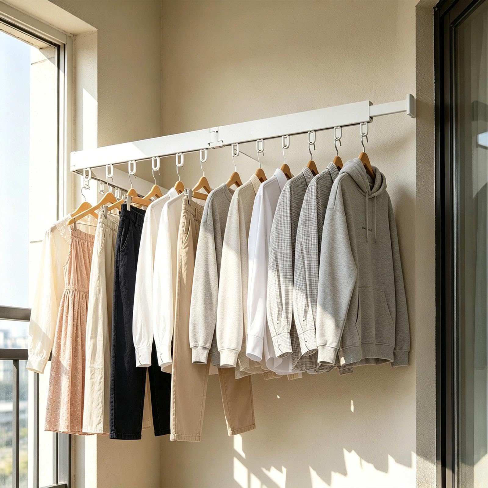 Weiß Wand-Wäschetrockner 120 cm mit 18 Haken | Klappbar & Ausziehbar, 2-in-1 Montage (Bohren oder Kleben), Wäscheständer für Balkon, Bad, Waschküche