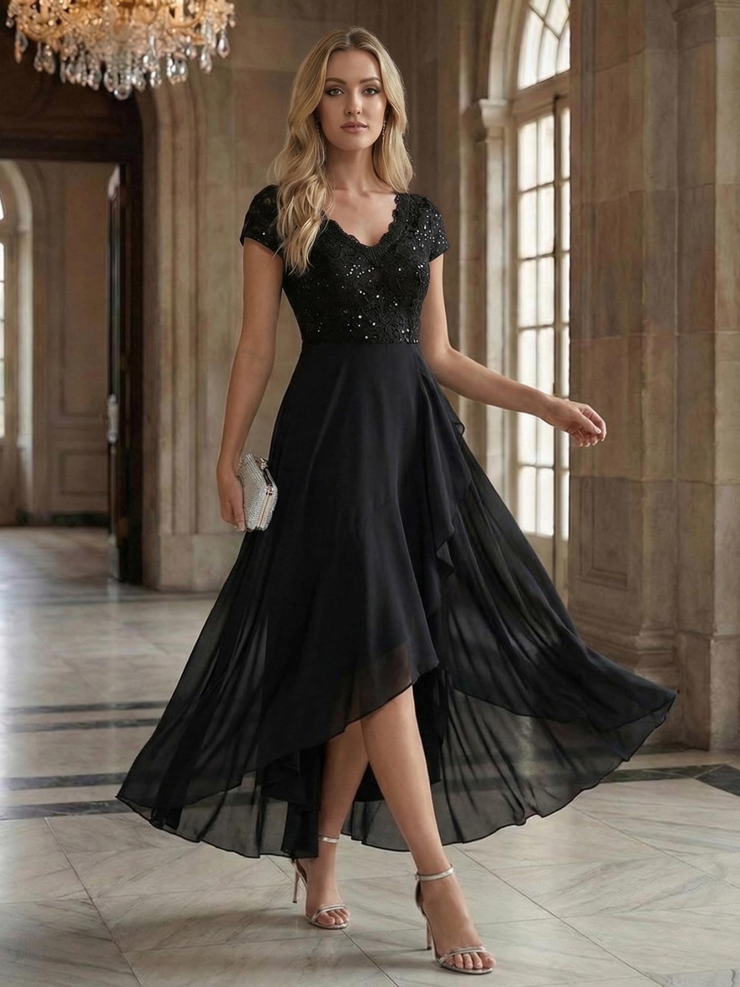 Ever-Pretty Robe de Soirée Chic Col en V Manches Courtes Mousseline Dentelle High-Low EE02644