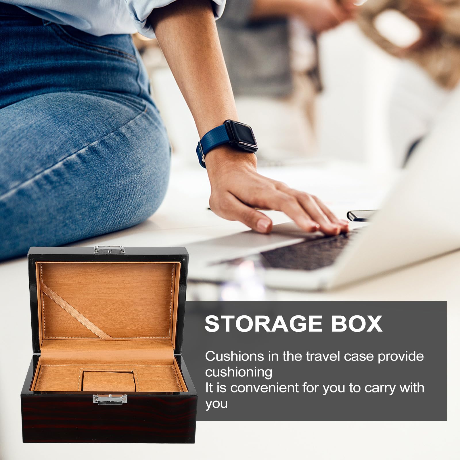 SOLUSTRE Elegante Uhrenbox Wasserfestem Leder mit Feiner Struktur aus Lackiertem Holz und Schmuckaufbewahrungsbox für Stilvolle Uhrenpräsentation Zuhause
