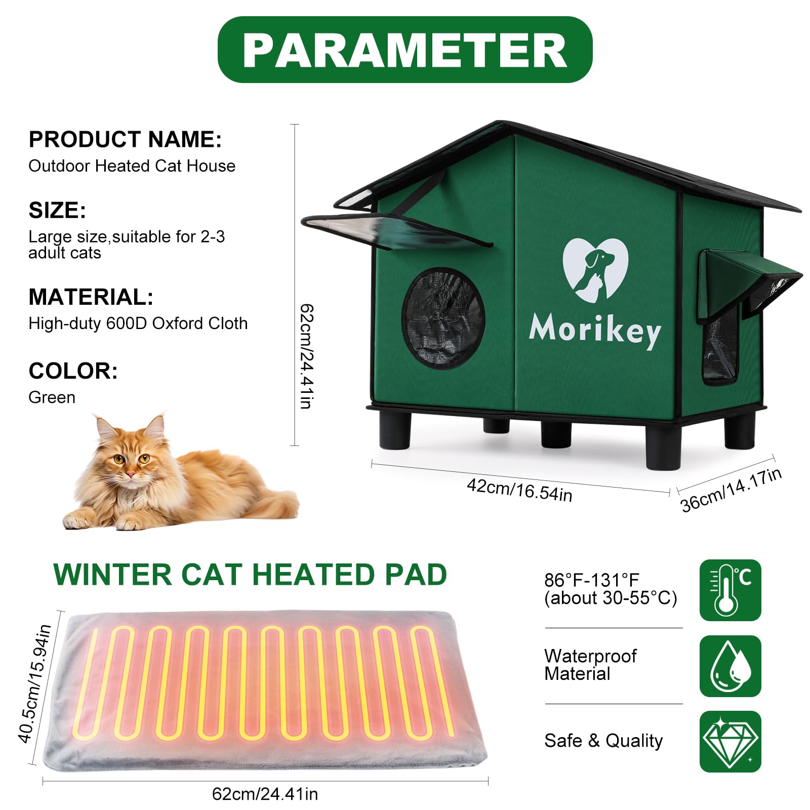 Niche chauffante pour chat d'extérieur en hiver, imperméable et coupe-vent, lit pour chat avec coussin chauffant de sécurité pour chat errant à l'extérieur, grande taille