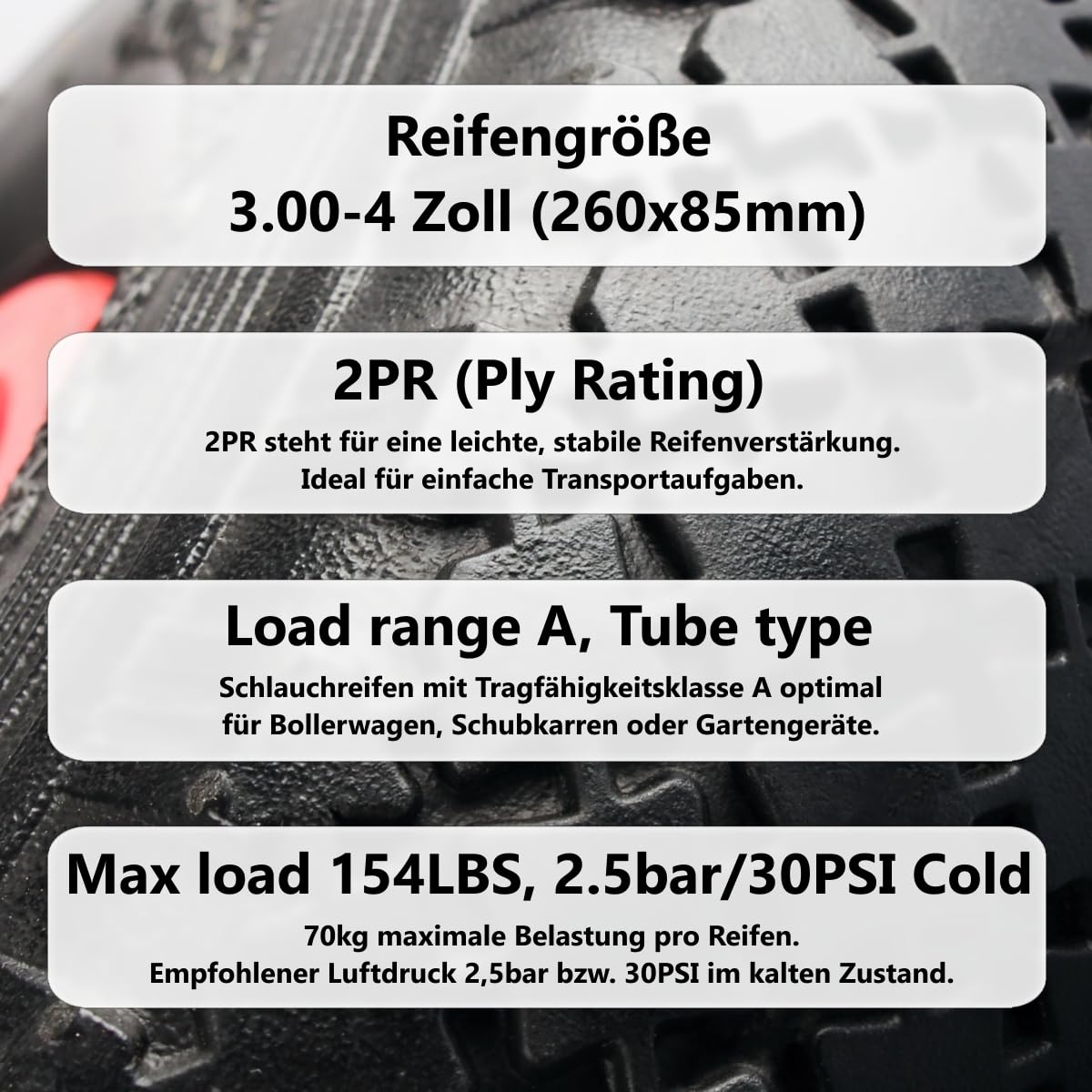 2X Sackkarrenrad 3.00-4 Zoll Ersatzreifen bis 70kg mit Kunststofffelge luftbereift 260 x 85 mm Bollerwagen Rad