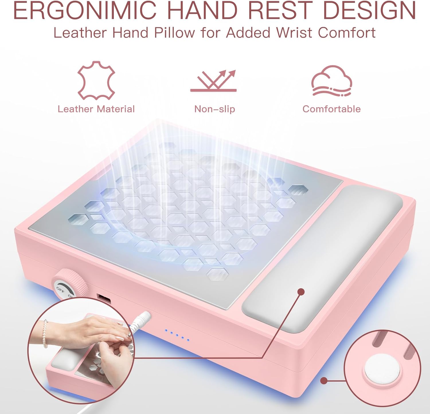 Madenia Powerful Nail Dust Collector - Brushless Quiet Vacuum Suction Fan Extractor with Hand Pillow 2 Filters 1 Brush, Nail Dust Cleaner Machine for Acrylic Gel Nail Polishing Nail Tech Use, Pink