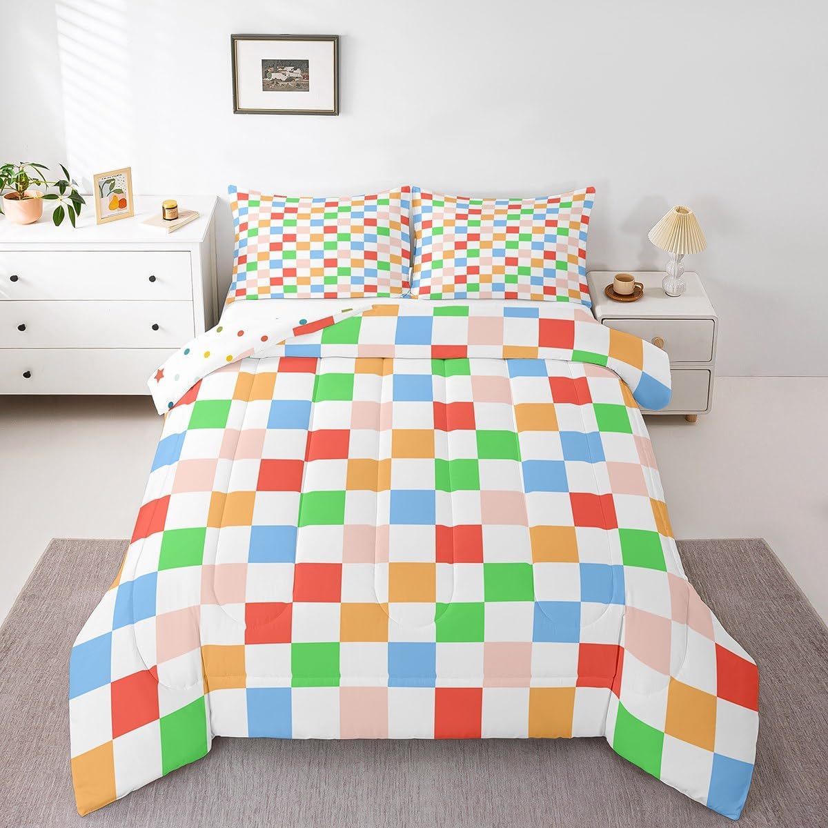 Geometric Plaids Patchwork Kids Comforter Set Twin Size,Abstract Checkerboard Artwork Bedding Set,Boys Girls Room Decor,Checkered Latticed Chic Down Comforter,Colorful Duvet Insert,1 Pillowcase