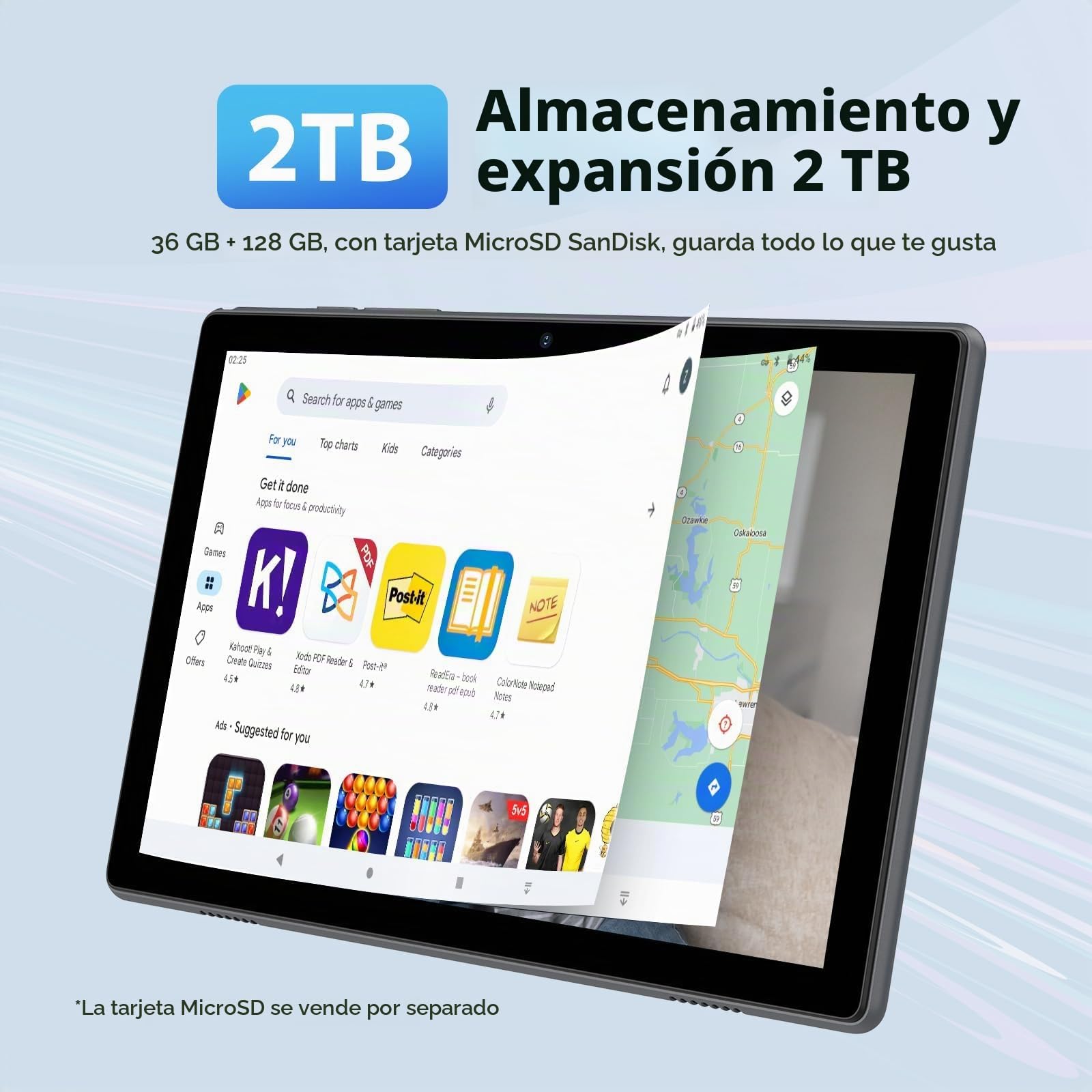 Tablet 10 Pulgadas, 36GB RAM+128GB ROM/2TB TF, Octa-Core 2.0GHz, Widevine L1, Pantalla IPS 1080x800, 8000mAh, 5G WiFi, BT 5.0, Cámara 8MP, Android 15 Tablets con Funda, Teclado, Ratón y Auriculares