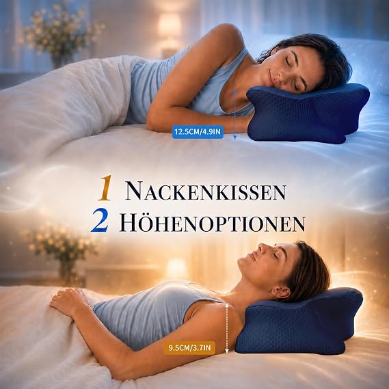 Ergonomic Pillow - Two Heights Side Sleeper Pillow with Cooling Ice Silk Cover Oeko-Tex Standard 100 Memory Foam Neck Pillow for Sides Back & Stomach Sleepers Midnight Blue